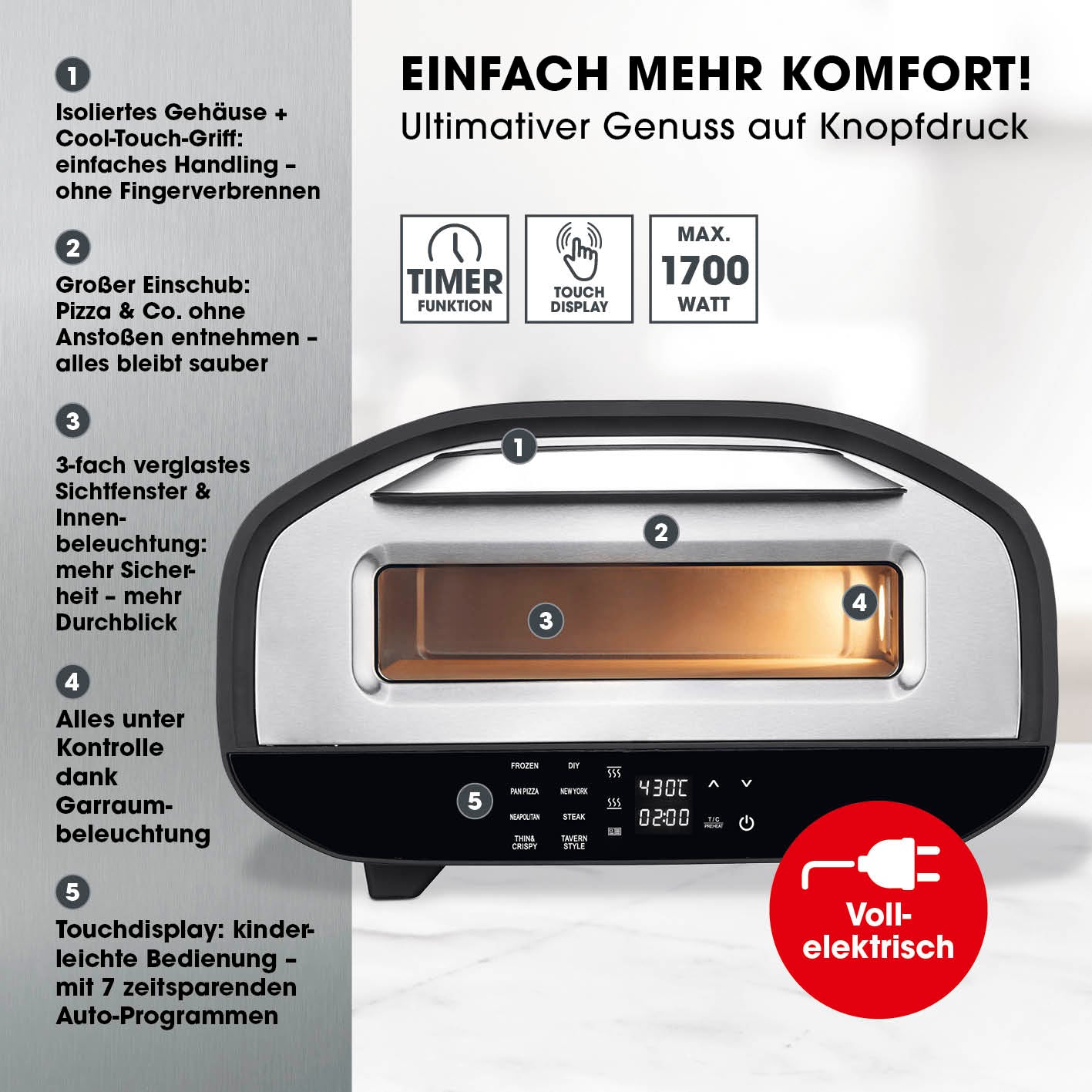 Elektro-Pizzaofen mit Pizzaheber für perfekte Pizza in 2 Min., 1700W, 430°, Touchdisplay, Timer, 3-fach verglastes Fenster.