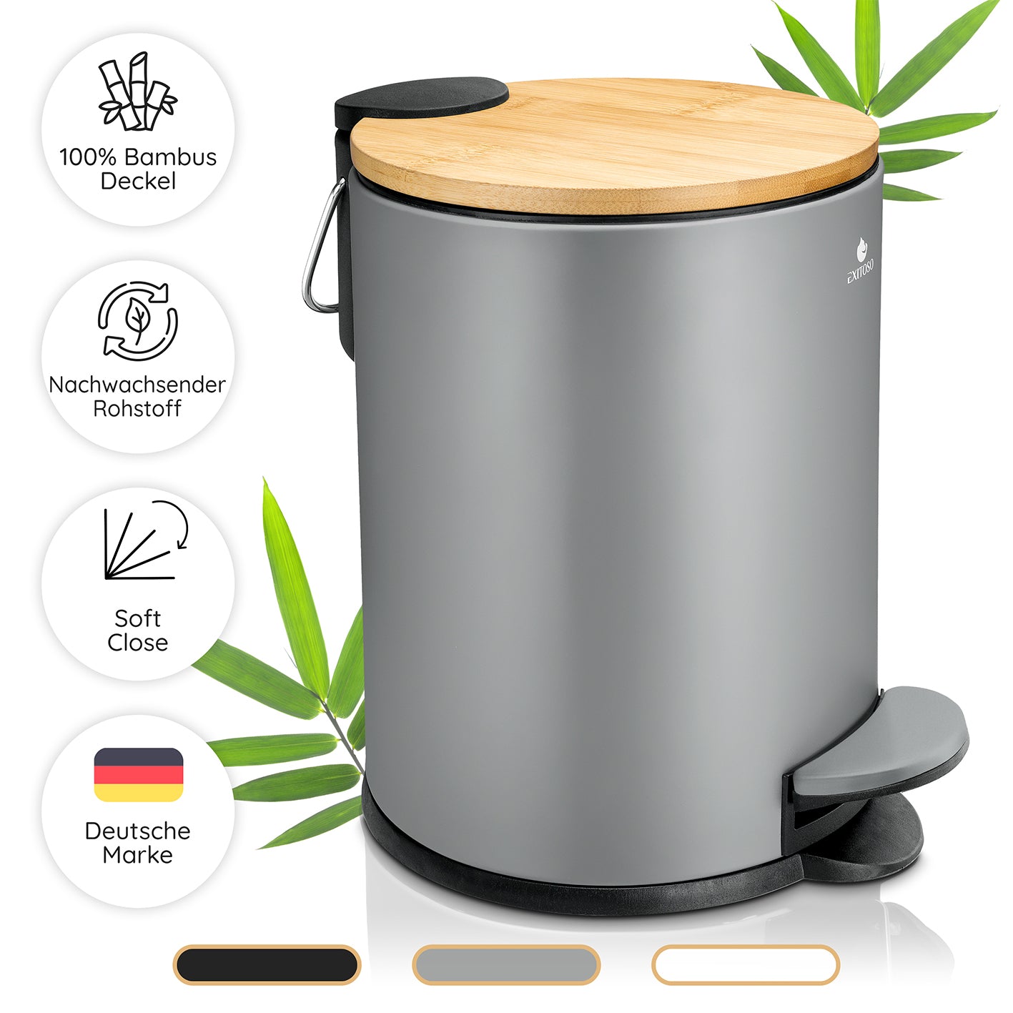 Tretmülleimer mit Softclose-Deckel - 3 l - Grau, Edelstahl mit Bambusdeckel und geräuschloser Softclose-Funktion, kompakt und rutschfest.