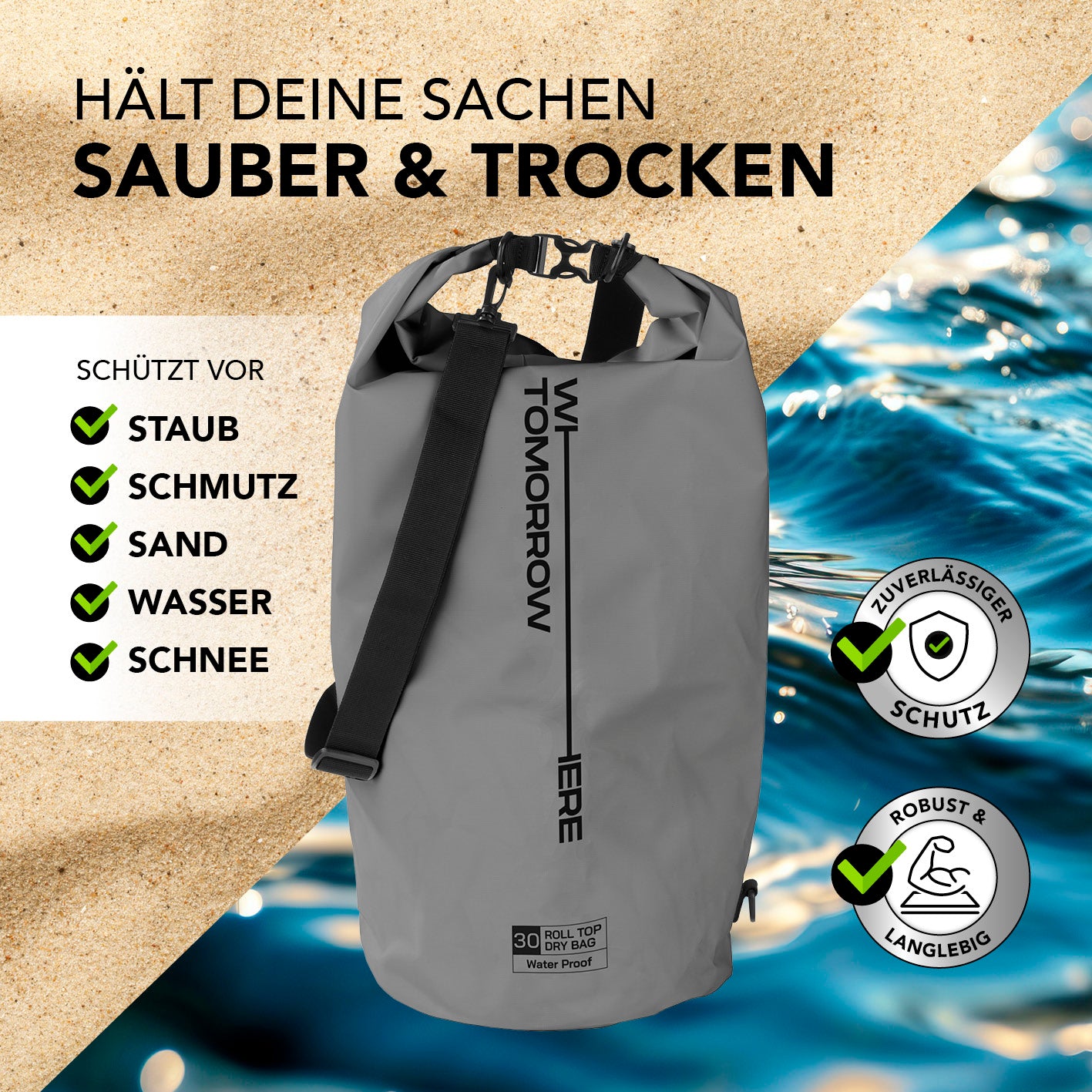 Dry Bag 30L - Style 02 - Grau wasserdichter, robuster Outdoor-Rucksack schützt vor Staub, Sand, Wasser und Schnee für Abenteuer.