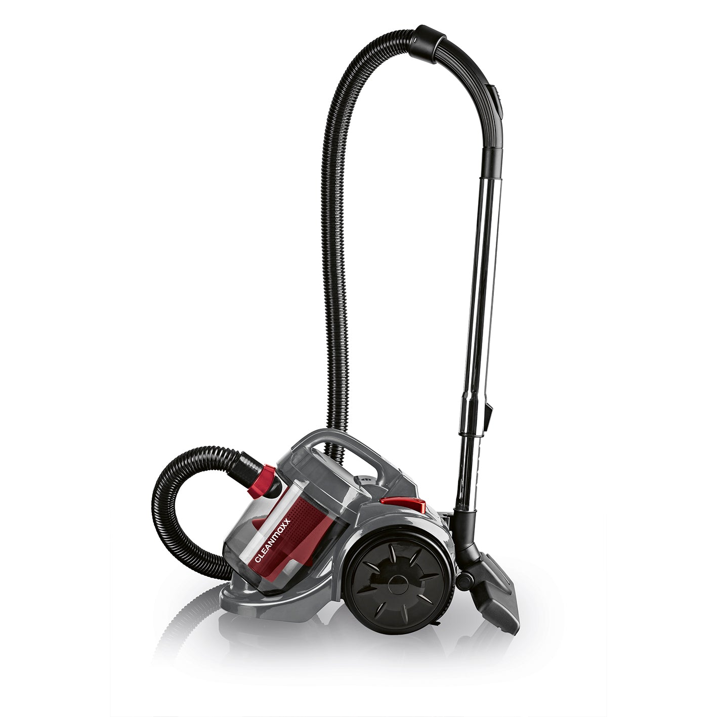 CLEANmaxx Zyklon-Staubsauger 800W schwarz/rot mit beutelloser Zyklontechnologie, flexiblem Teleskoprohr und automatischer Kabelaufwicklung.
