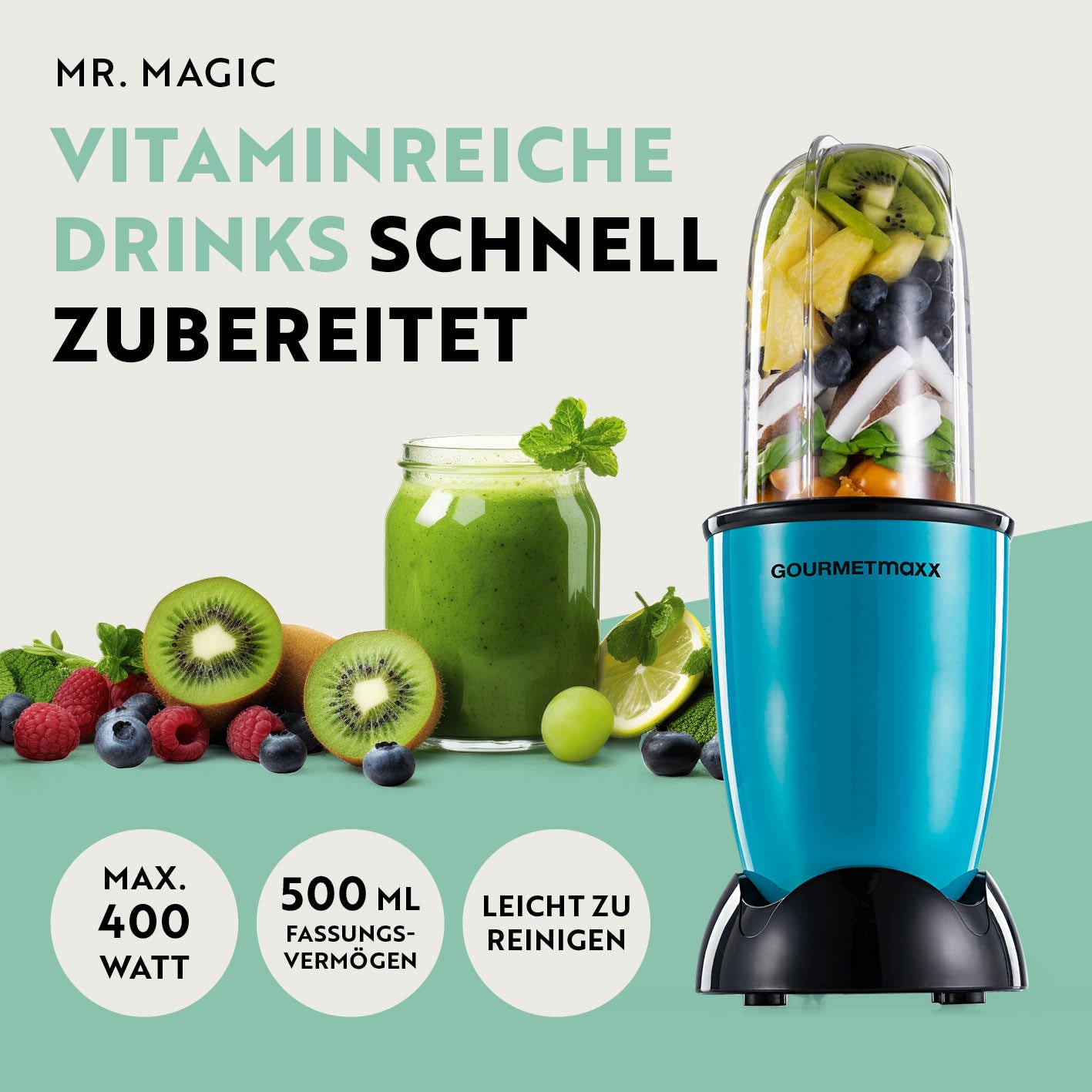 Mr. Magic Power 400 Pro mit Zubehörset XL - Grün/Schwarz kompakter Standmixer für schnelle, vielseitige Zubereitung von Smoothies und mehr.