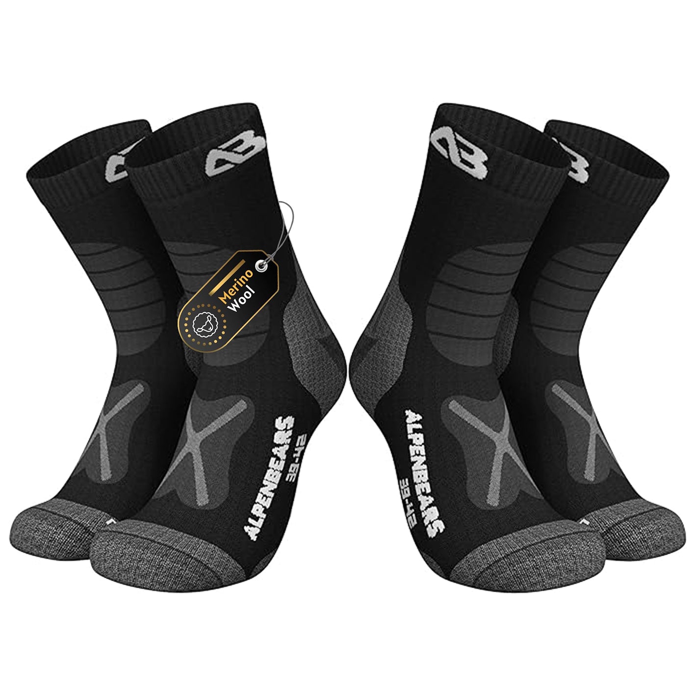 Wandersocken Merinowolle - 2er-Set - Schwarz - Größe 43-48 mit hoher Merinowollqualität für Komfort und Blasenschutz beim Wandern.