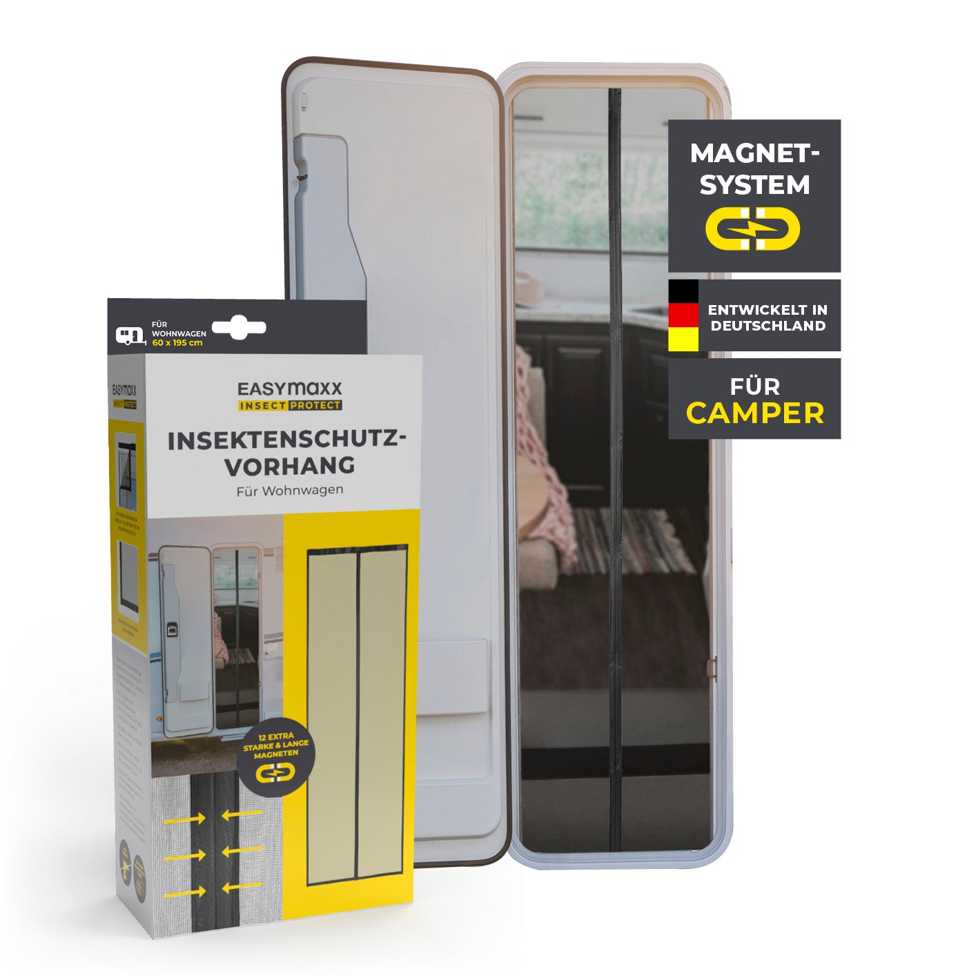 Insektenschutzvorhang für Wohnwagen 60x195 cm mit Magnet-System, luftdurchlässig, einfache Montage ohne Bohren, ideal für Camper.