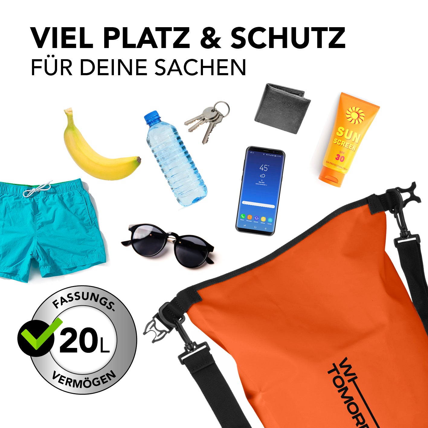 Dry Bag 20L - Style 02 - Orange, wasserdichter Rucksack mit 20L Volumen, ideal für Outdoor, schützt Handy, Schlüssel, Geldbörse sicher.