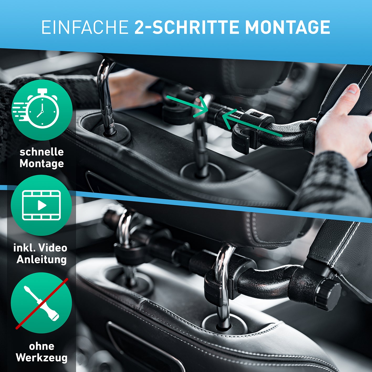 Auto-Kopfstütze - Leder mit weißen Nähten, schnell und werkzeugfrei in 2 Schritten einfach am Autositz montiert.