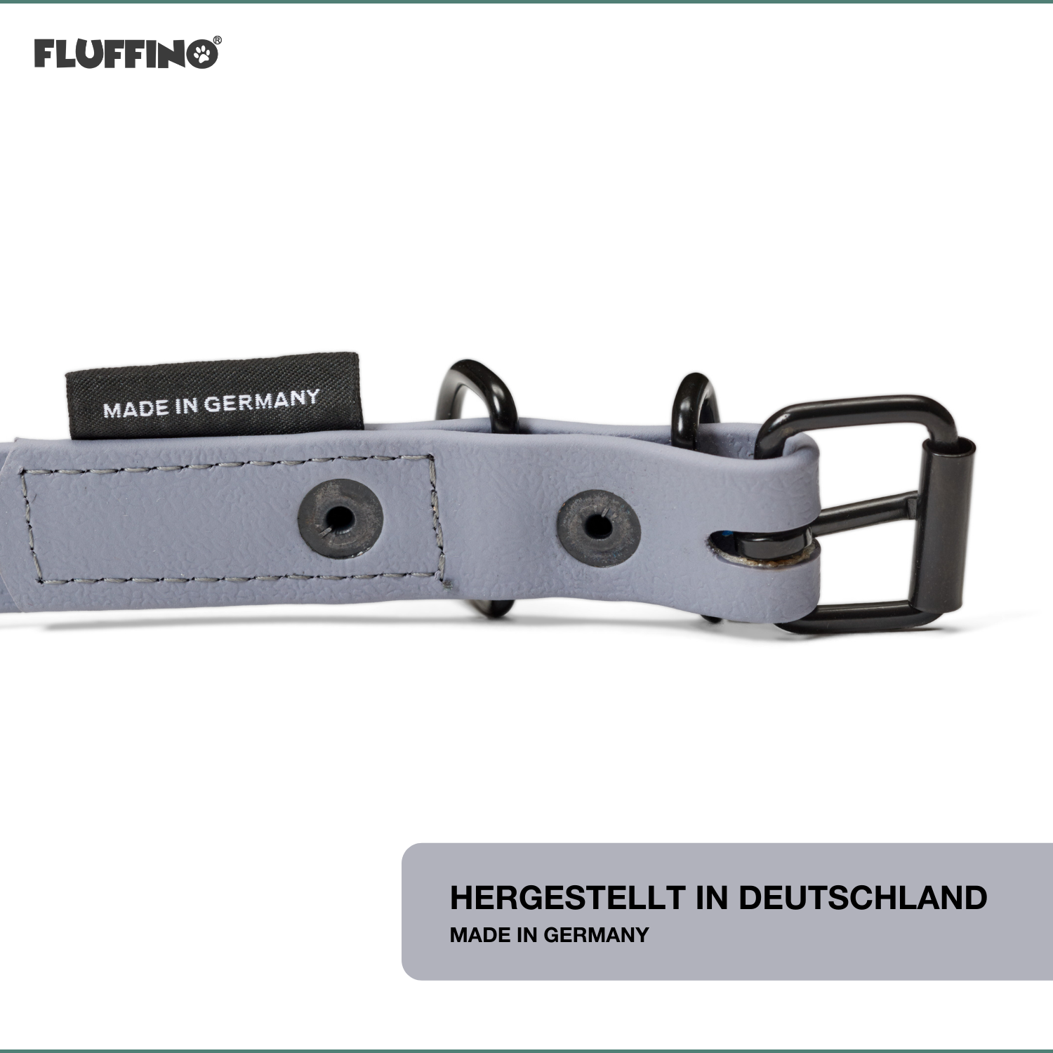 Hundehalsband aus BioThane - 5-Fach verstellbare - Größe M - Grau, wasserdicht, reißfest, hergestellt in Deutschland von FLUFFINO.