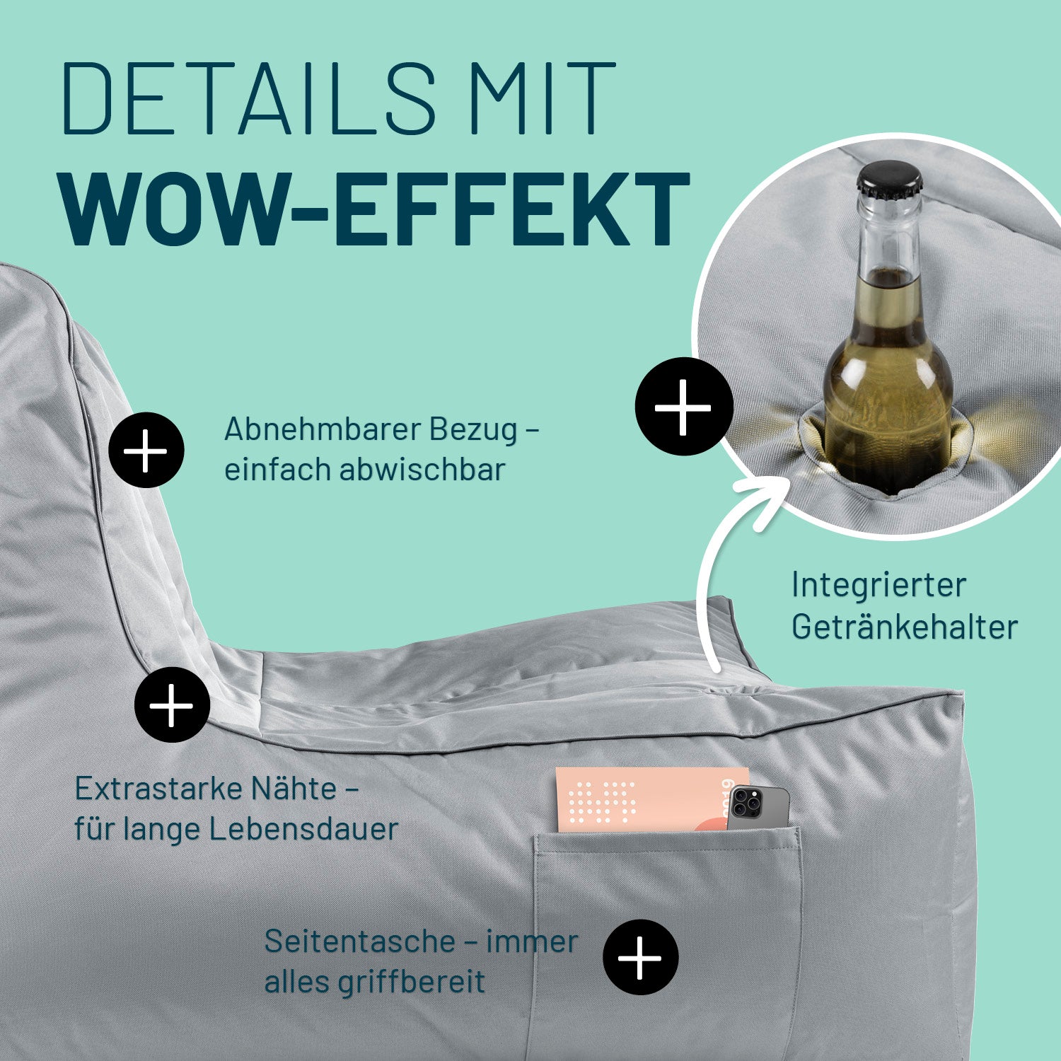 Premium Lounge-Sessel - 380 L - 100 x 100 x 80 cm - Grau mit abnehmbarem Bezug, Getränkehalter, Seitentasche und extra starken Nähten.