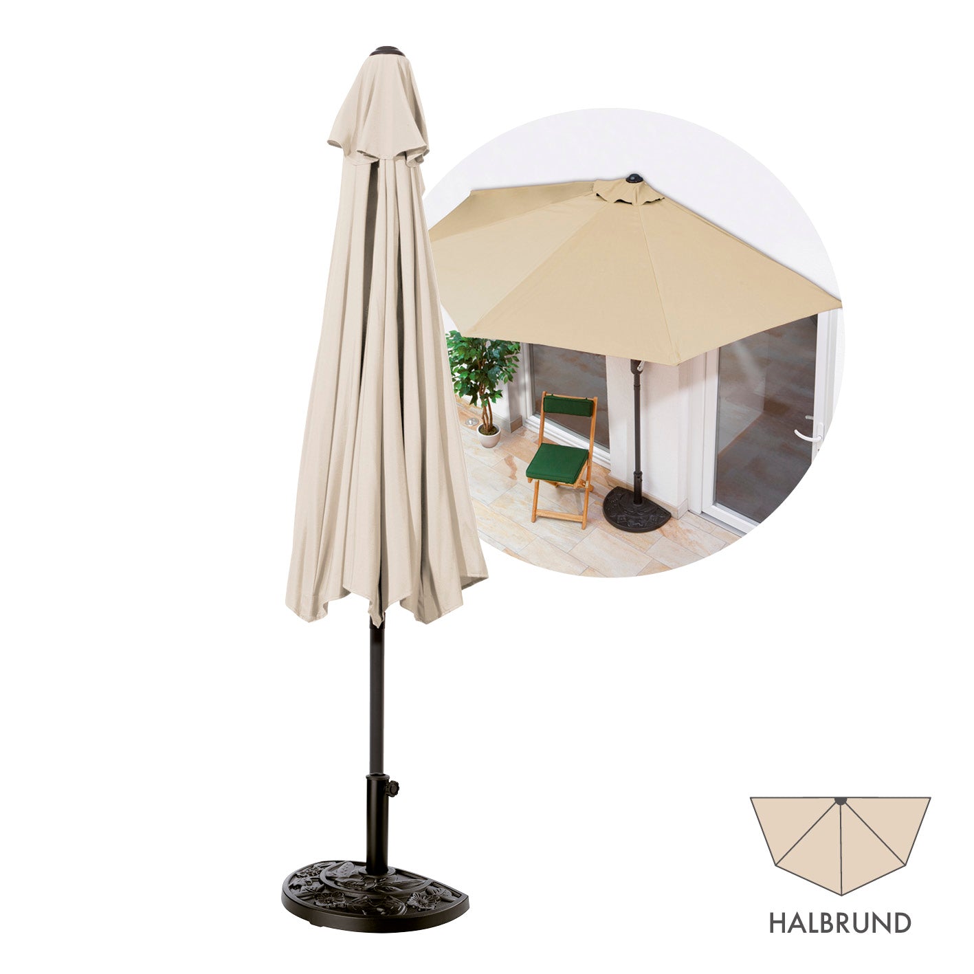 Sonnenschirm mit UV-Schutz mit Sonnenschirmfuß halbrund 270x140 cm beige, platzsparend für Balkon oder Terrasse, handkurbelbedient