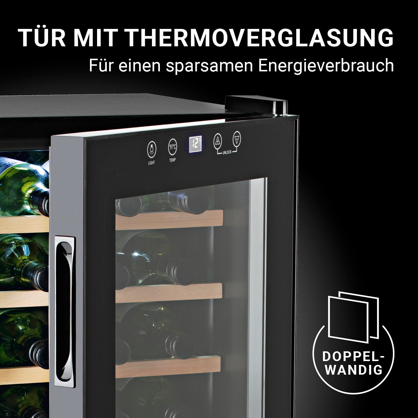 Weinkühlschrank - 28 Flaschen mit Thermoverglasung, energiesparend und doppelwandig für optimale Kühlung und stylische Innenbeleuchtung.