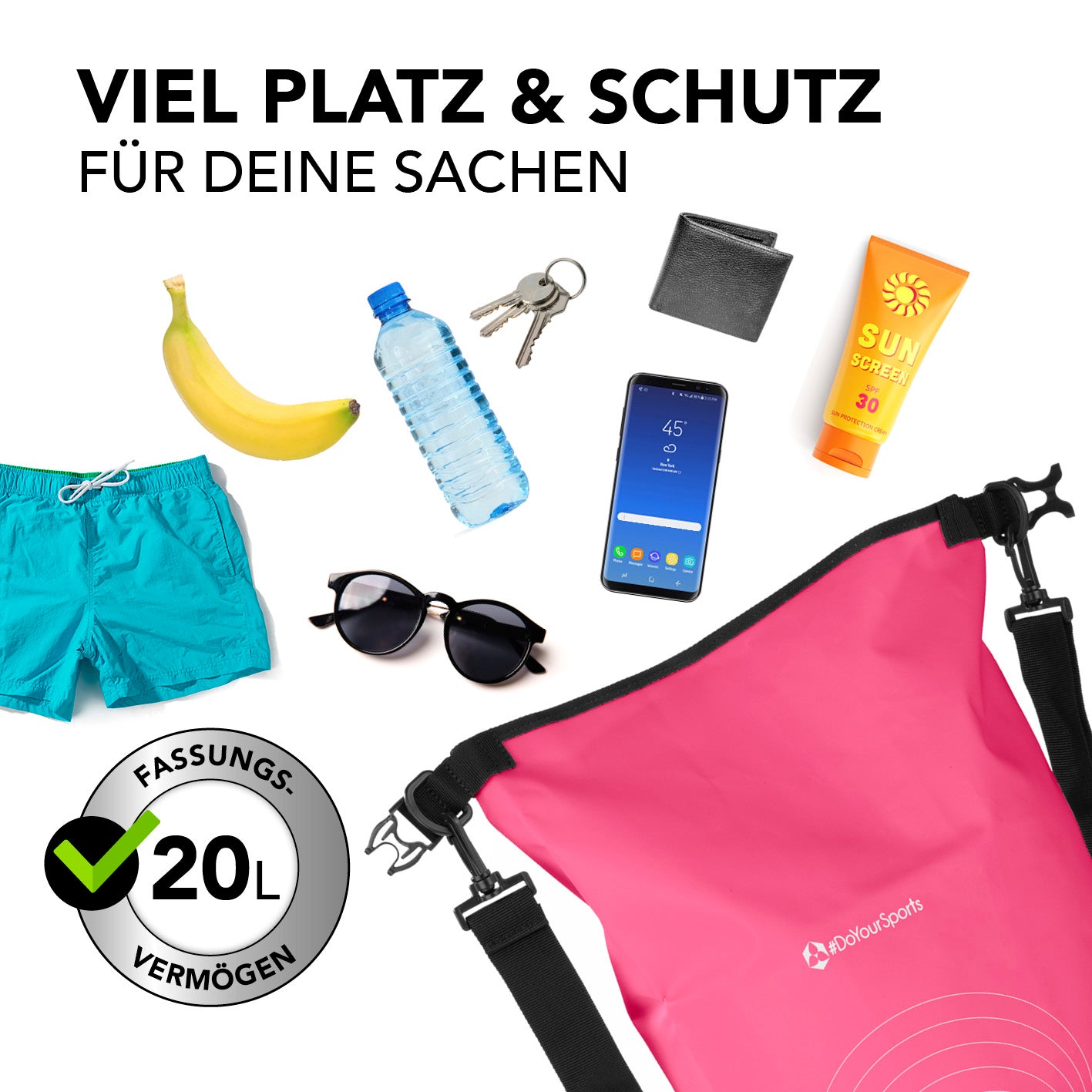 Dry Bag 20L - Pink wasserdichter, robuster Rucksack mit 20L Fassungsvermögen für Outdoor-Abenteuer wie Camping, Paddling und Angeln.