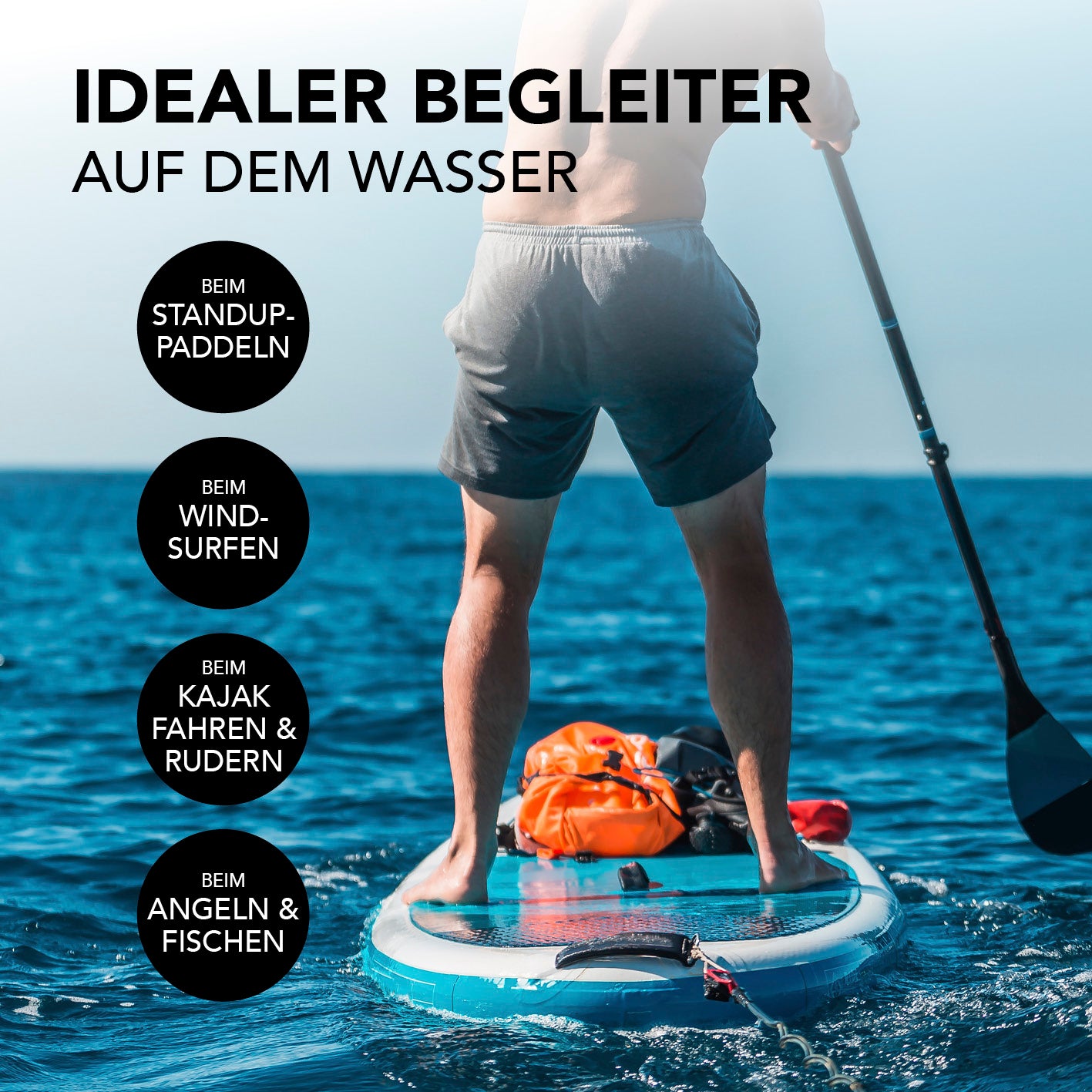 Dry Bag 5L - Rot auf Paddleboard im Wasser, wasserdicht und robust für Standup-Paddling und Outdoor-Abenteuer.