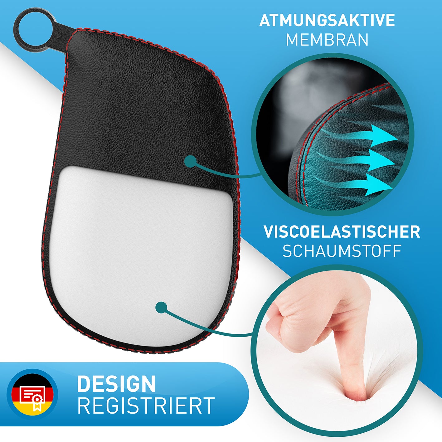 Auto-Kopfstütze - schwarzes Leder mit roten Nähten, atmungsaktive Membran und viscoelastischer Schaumstoff für maximalen Komfort.