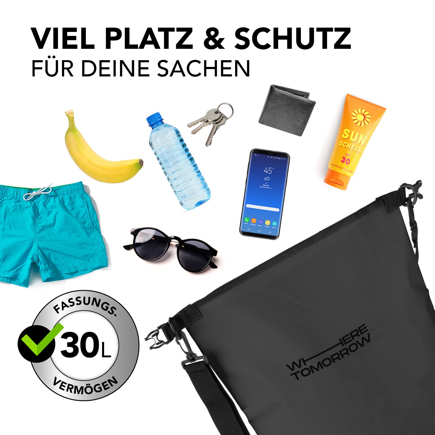 Dry Bag 30L - Style 01 - Schwarz, robuster wasserdichter Rucksack mit 30L Fassungsvermögen für Outdoor-Abenteuer und sicheren Schutz.