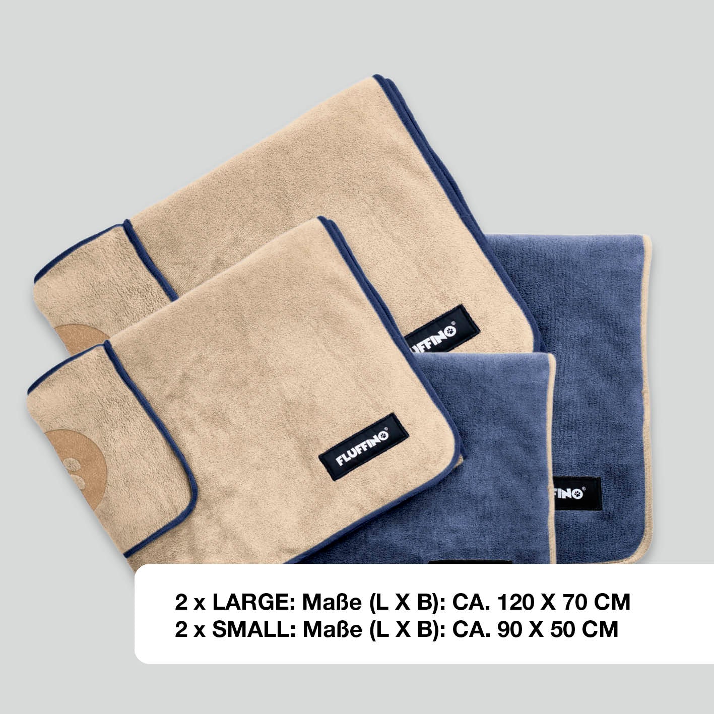 Hundehandtuch Mikrofaser – 4er-Pack in Beige & Blau, extra saugfähig, schnell trocknend und pflegeleicht von FLUFFINO.