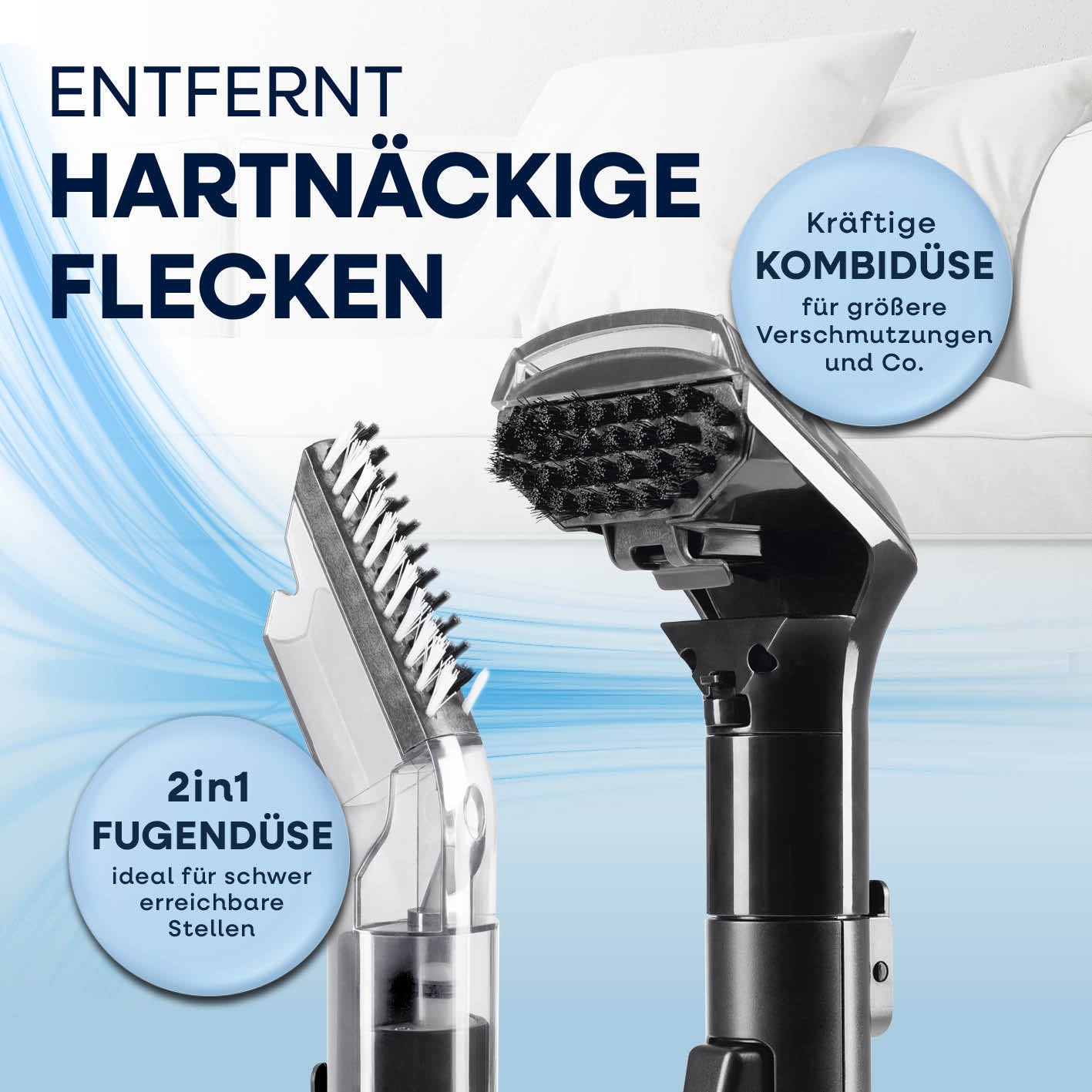 Polster- & Teppichreiniger Pro mit Kombidüse und 2in1-Fugendüse zur effektiven Entfernung hartnäckiger Flecken.