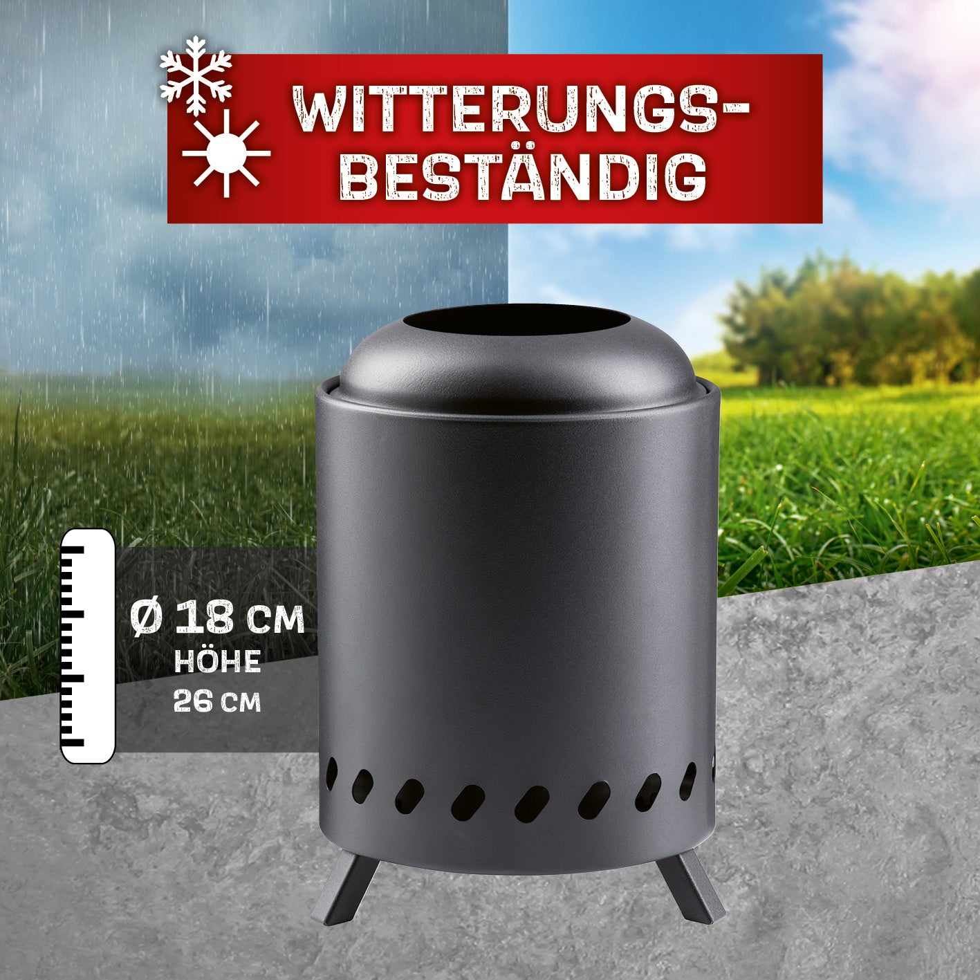 Feuerkorb raucharm - Ø 18 cm - Schwarz, kompakt, wetterbeständig, pulverbeschichtet, mit optimierter Luftzirkulation für minimalen Rauch.