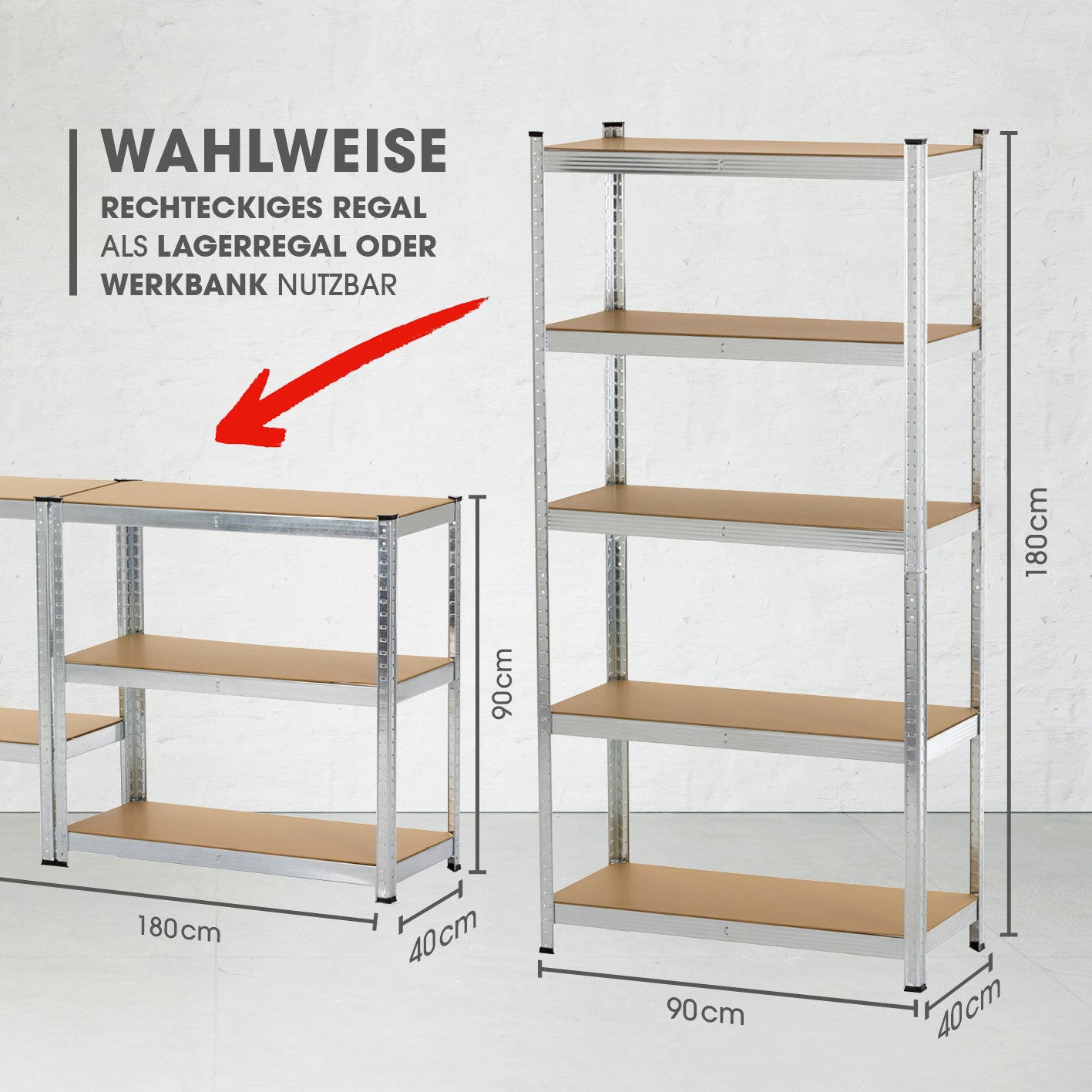 Schwerlastregal & Werkbank - 180 x 90 x 40 cm, Metall mit 5 MDF-Platten, 875 kg Traglast, auch als Werkbank nutzbar.
