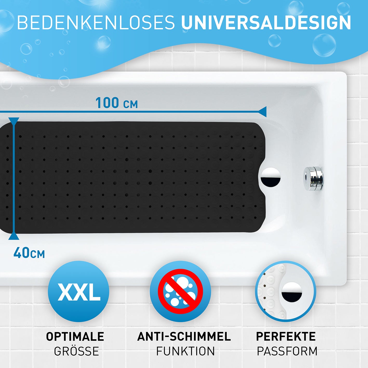 Badewannenmatte - Schwarz - 100 x 40 cm mit rutschfester Oberfläche, antibakterieller Funktion und optimaler Passform für sichere Badewanne.