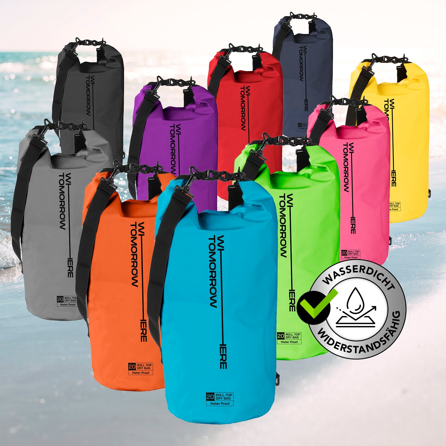 Dry Bag 20L - Style 02 - Himmelblau wasserdichter, robuster Outdoor-Rucksack mit Rolltop-Verschluss und verstellbarem Schultergurt.