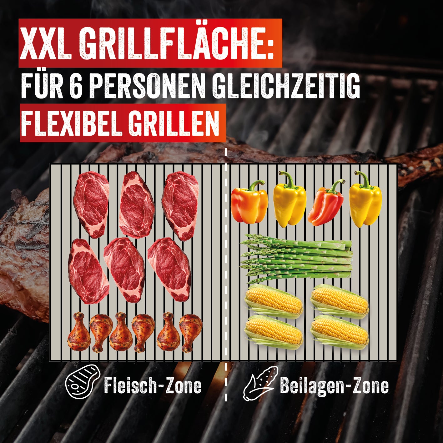 VOLTRIS Elektro-Grillwagen Schwarz mit XXL Grillfläche für 6 Personen, getrennte Zonen für Fleisch und Beilagen, flexibel grillen