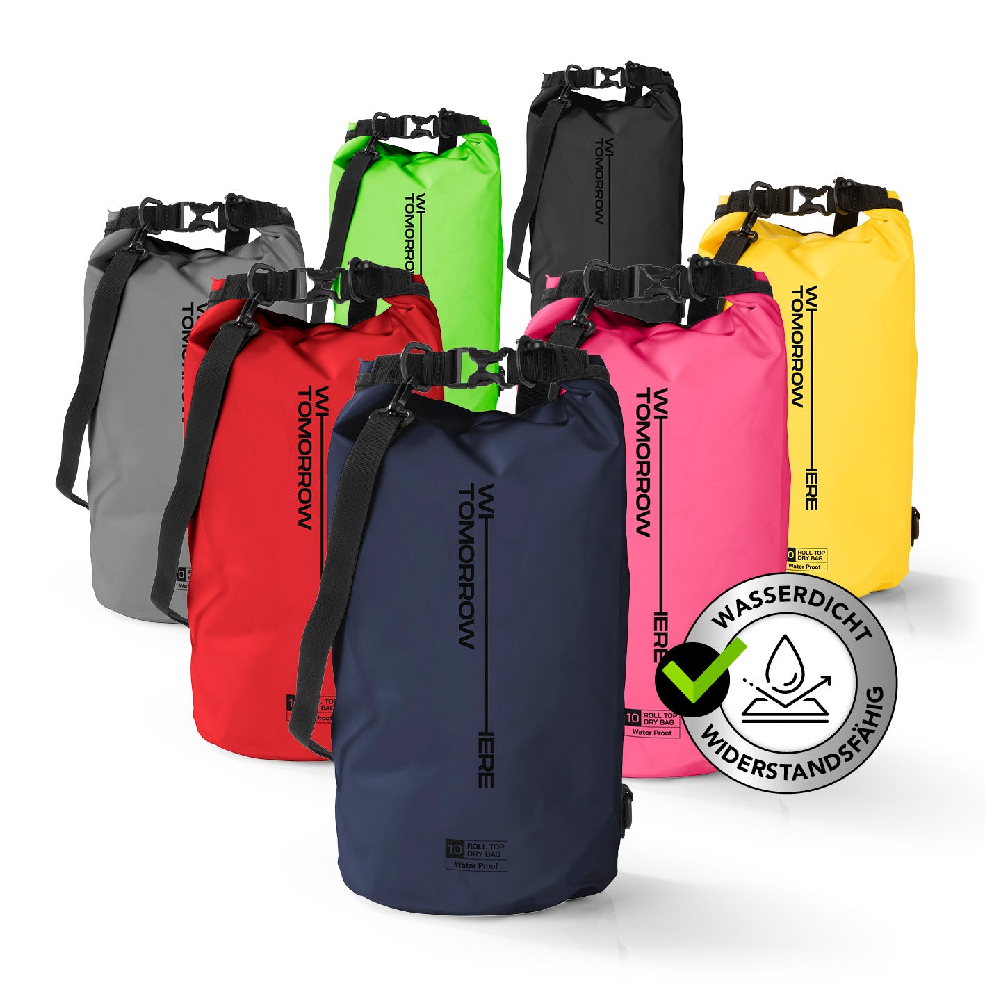 Dry Bag 10L - Style 02 - Dunkelblau, wasserdichter, robuster Outdoor-Rucksack mit verstellbarem Schultergurt und Rolltop-Verschluss.