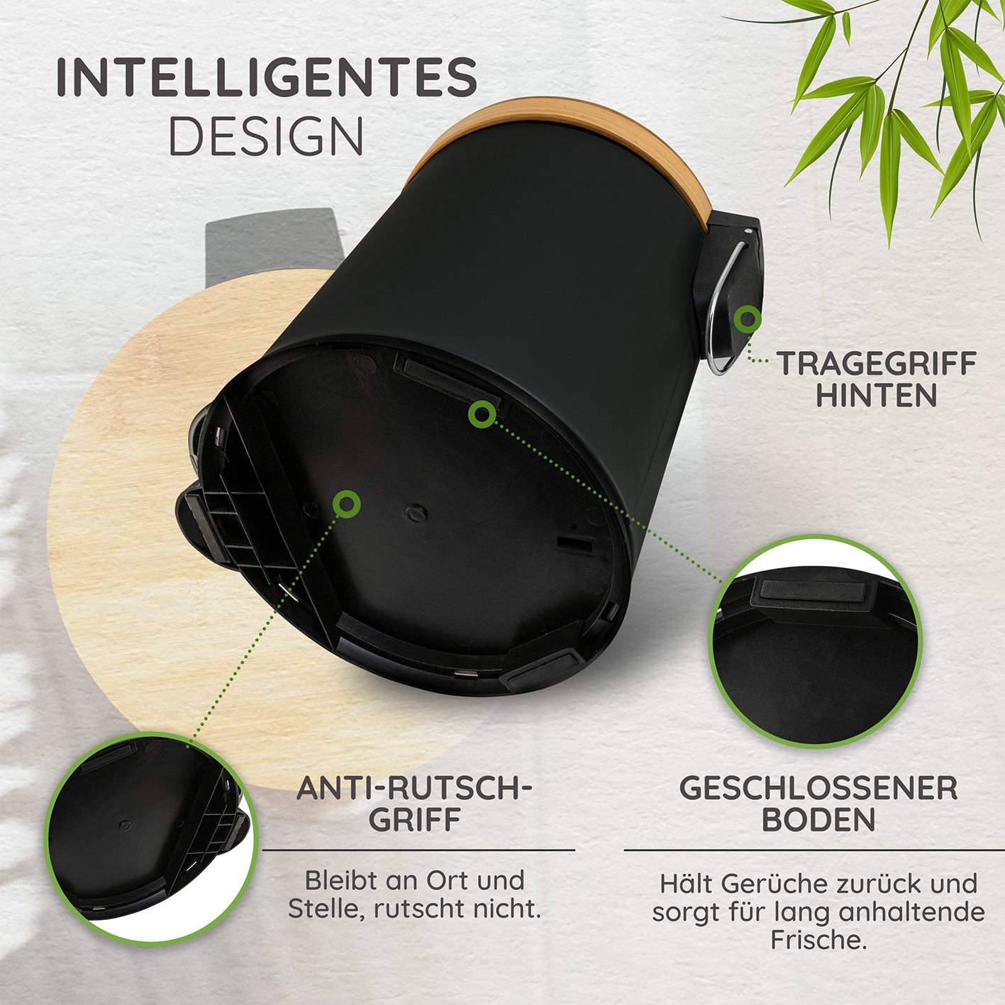Tretmülleimer mit Softclose-Deckel - 5 l - Schwarz mit rutschfestem Boden, Tragegriff und geräuschlosem Softclose Bambusdeckel.