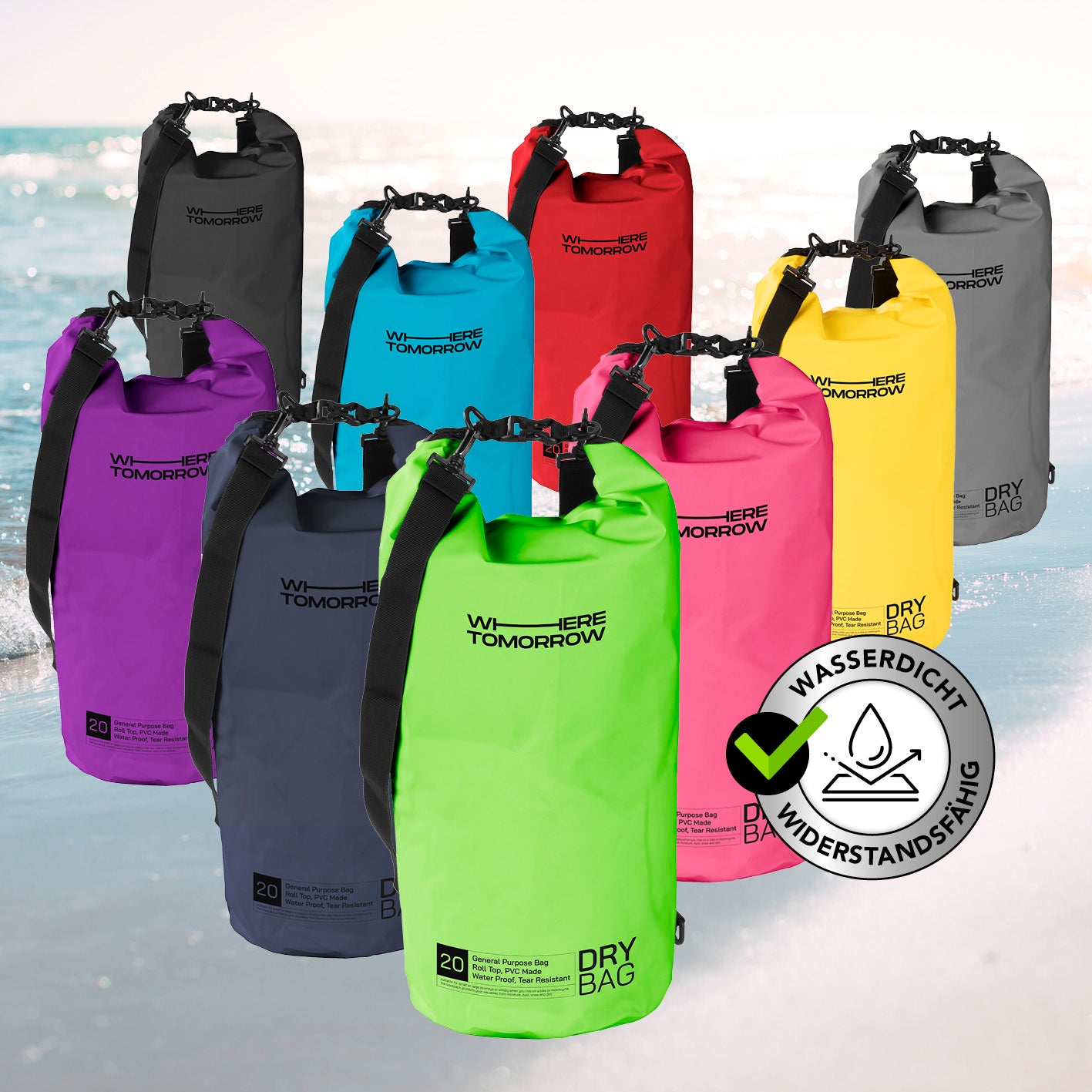 Dry Bag 20L - Style 01 - Grün, wasserdichter, robuster Outdoor-Rucksack mit verstellbarem Schultergurt und Rolltop-Verschluss.
