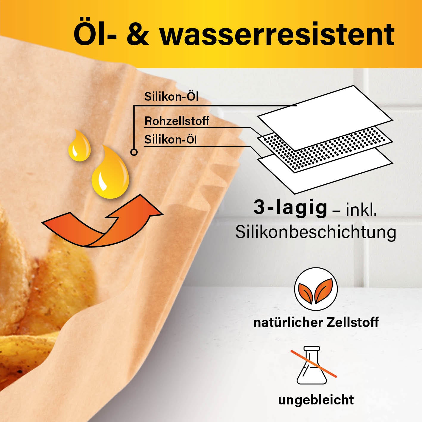 Backpapierschalen für Heißluftfritteusen (2–5 l) mit 3-lagig öl- und wasserresistentem, silikonbeschichtetem, ungebleichtem Zellstoff.