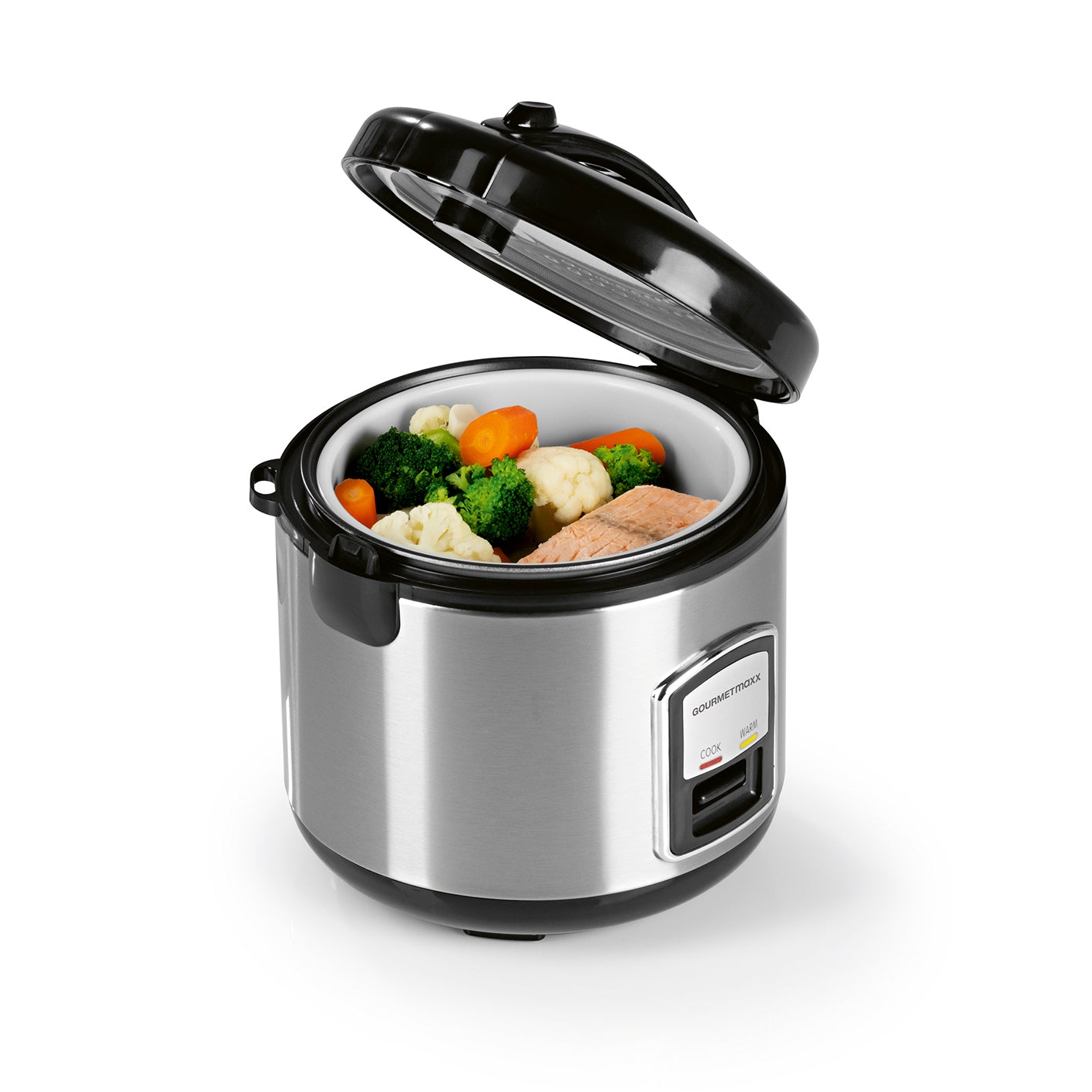 Reiskocher mit Gartopf inkl. Dampfkorb/Reislöffel/Messbecher mit offenem Deckel und gedämpftem Gemüse sowie Fisch innen.