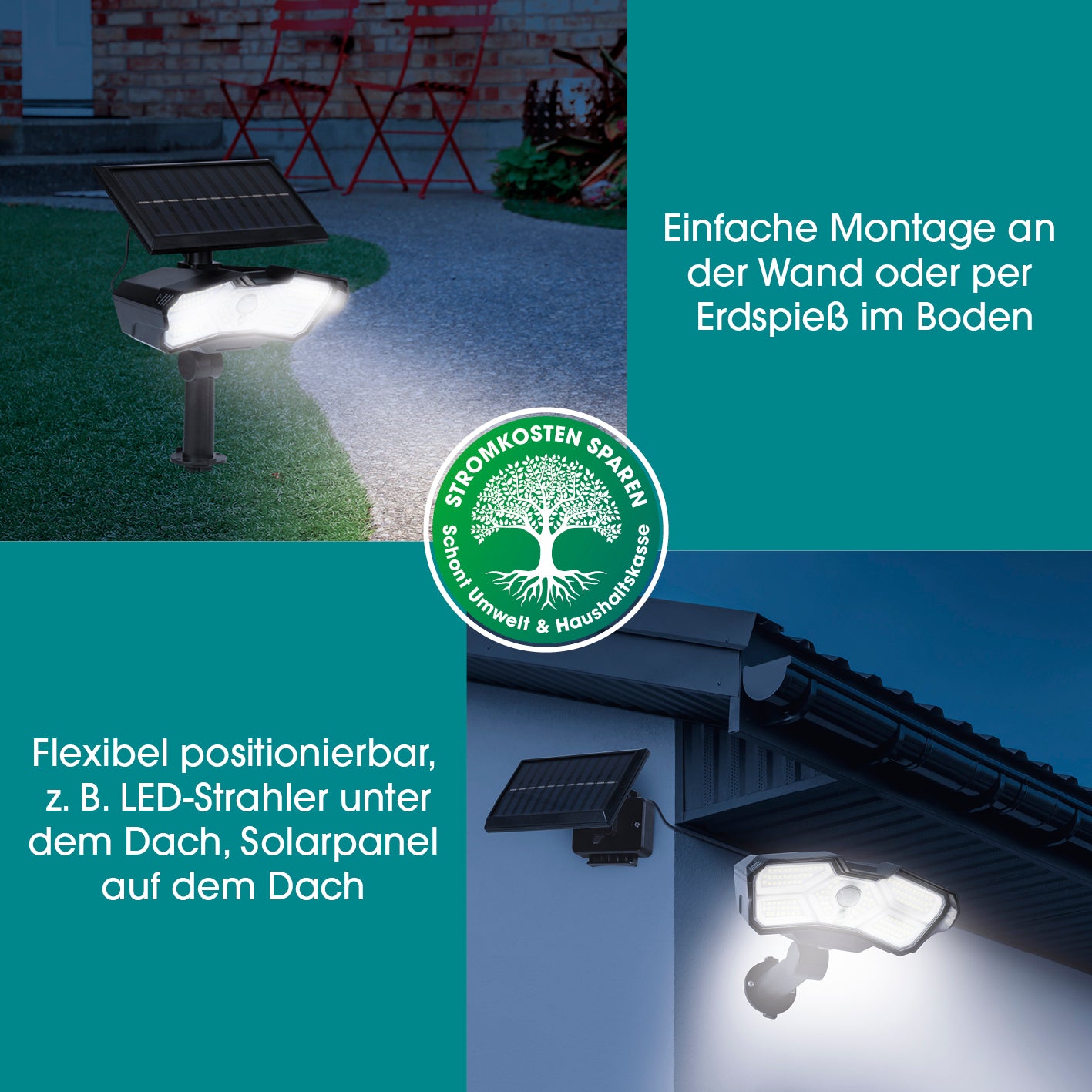 LED-Solarstrahler mit Bewegungsmelder flexibel positionierbar, Solarpanel mit 3m Kabel, 3 Modi per Fernbedienung steuerbar, Reichweite 5-8 m.