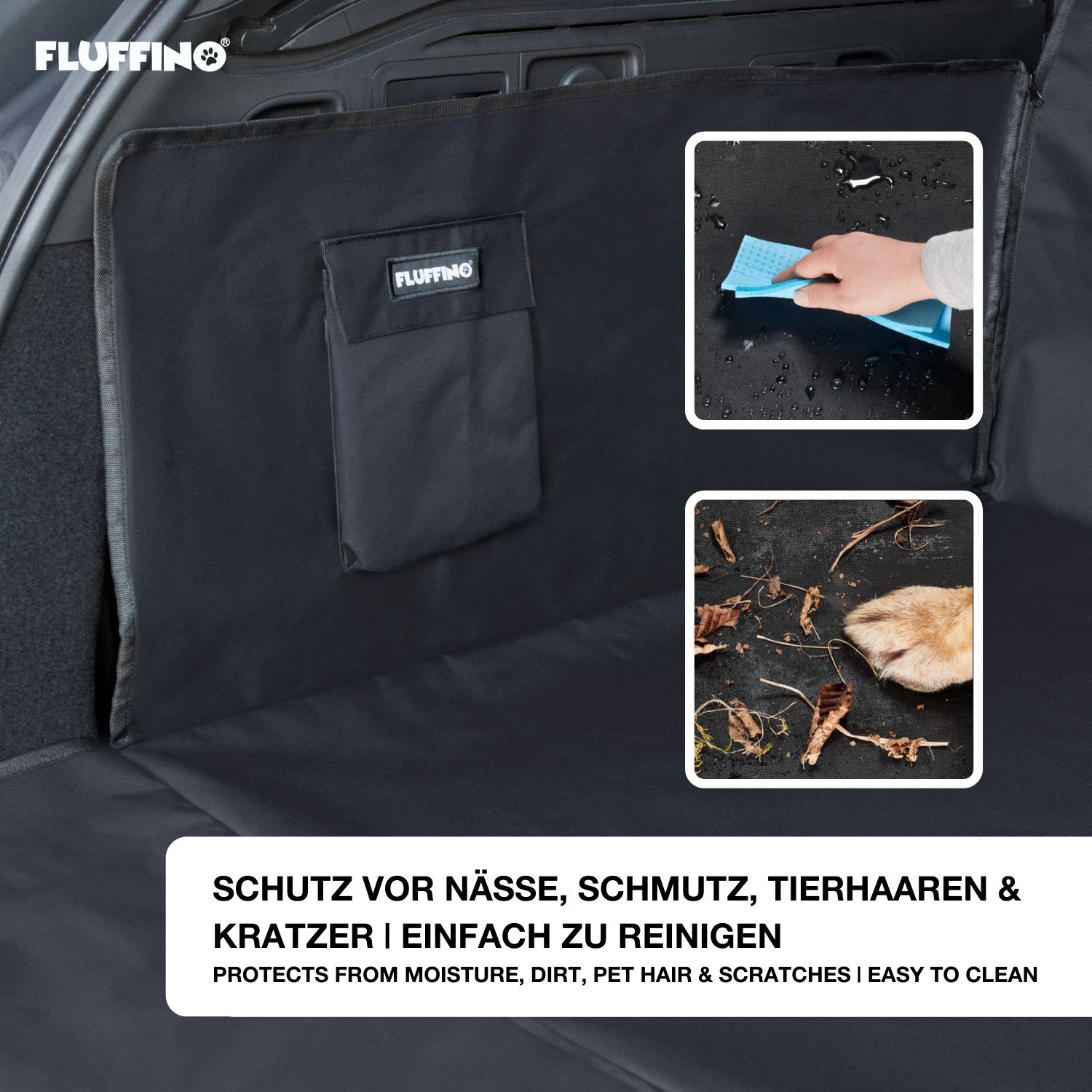 Kofferraumschutz für Hund inkl. Seiten- & Ladekantenschutz in dunkelgrau, wasserfest, kratzfest und einfach zu reinigen.