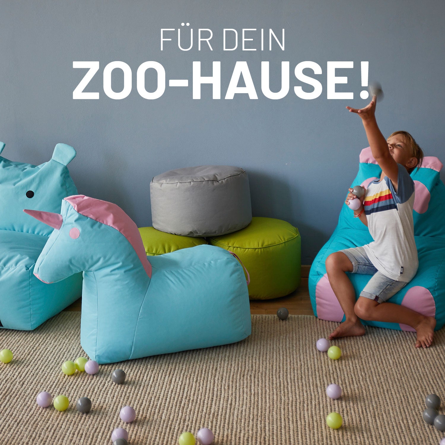 Kindersitzsack Animal Line Einhorn (120 L) in Türkis/Pastell Pink, kuschelig, wasserabweisend, indoor & outdoor geeignet.