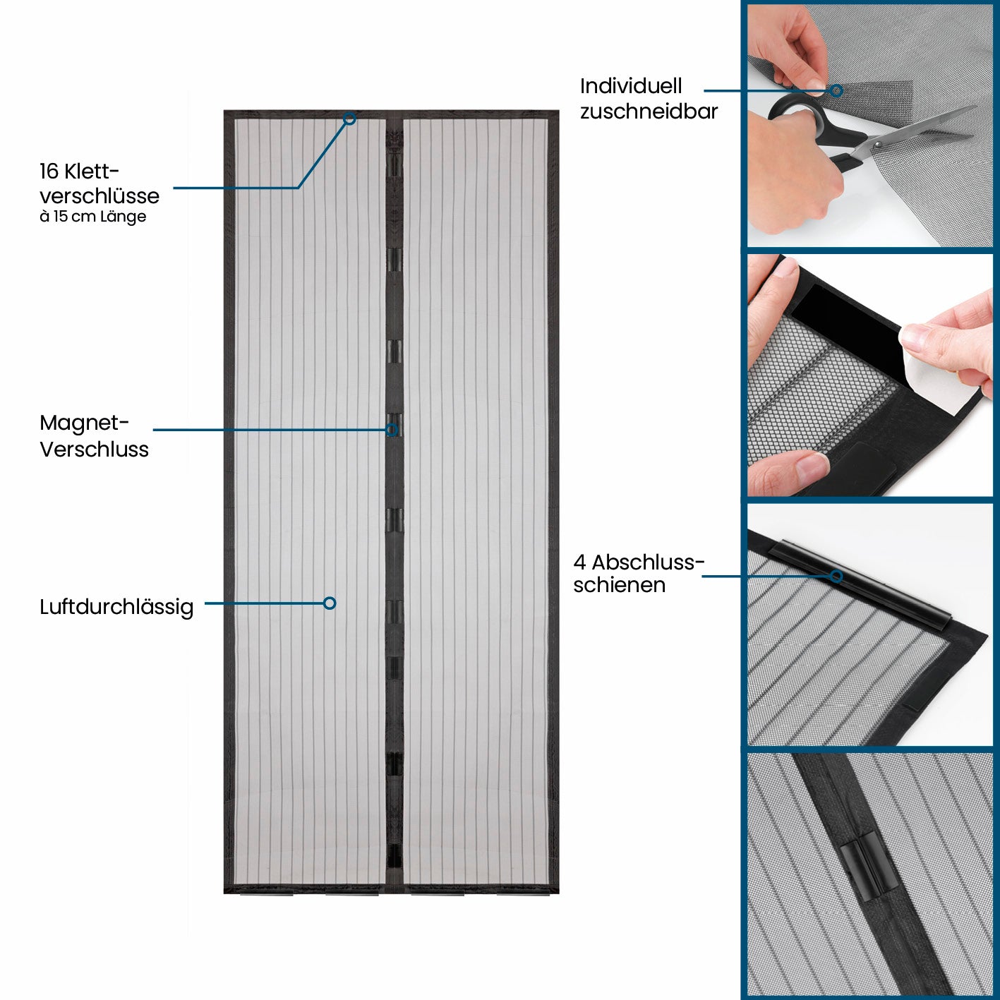 Tür-Insektenschutz 100 x 210 cm mit Magnetverschluss, selbstklebenden Klettverschlüssen, zuschneidbar und luftdurchlässig in Anthrazit.