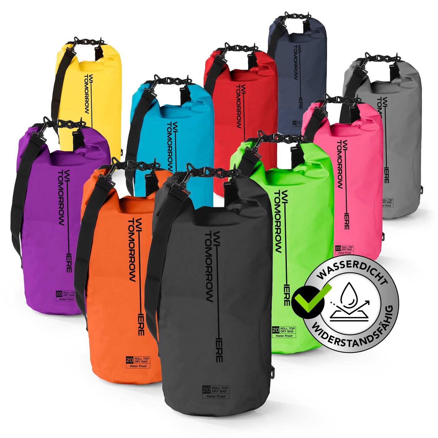 Dry Bag 20L - Style 02 - Schwarz, wasserdichter, robuster Outdoor-Rucksack mit Rolltop und verstellbarem Schultergurt.
