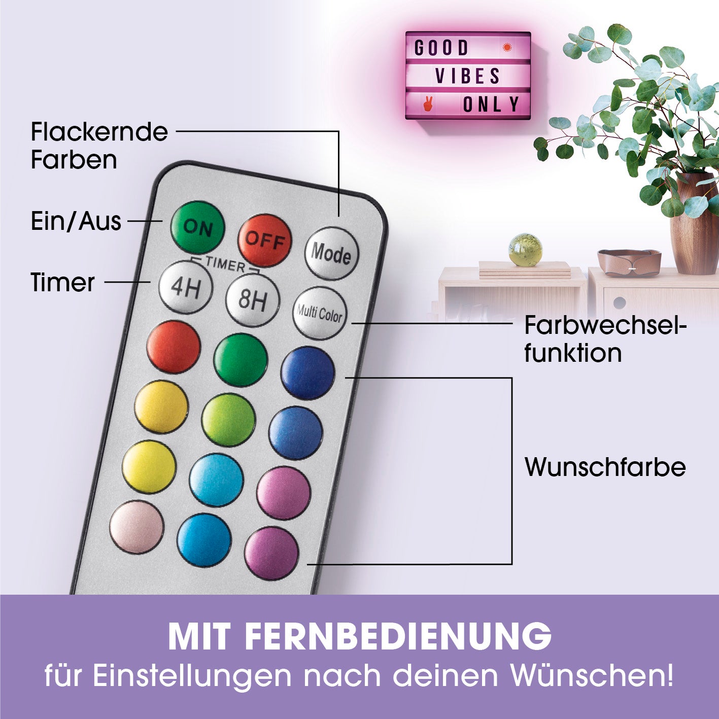 LED-Leuchtkasten A5 mit 173 Buchstaben & 150 Emojis, inklusive Fernbedienung für Farbwechsel und Timerfunktion.