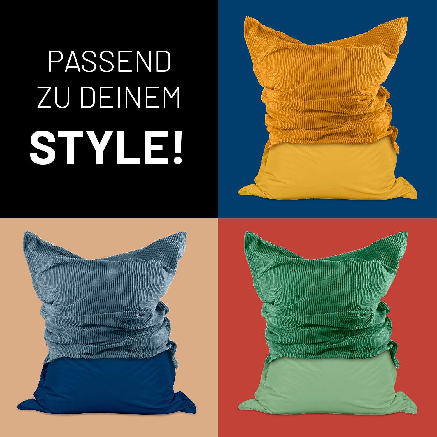 Sitzsack Classic XXL All-in-One Set - 380 L - 140 x 180 cm - Pastellgrün mit weichem Cord-Überzug und wetterfestem Außenstoff.