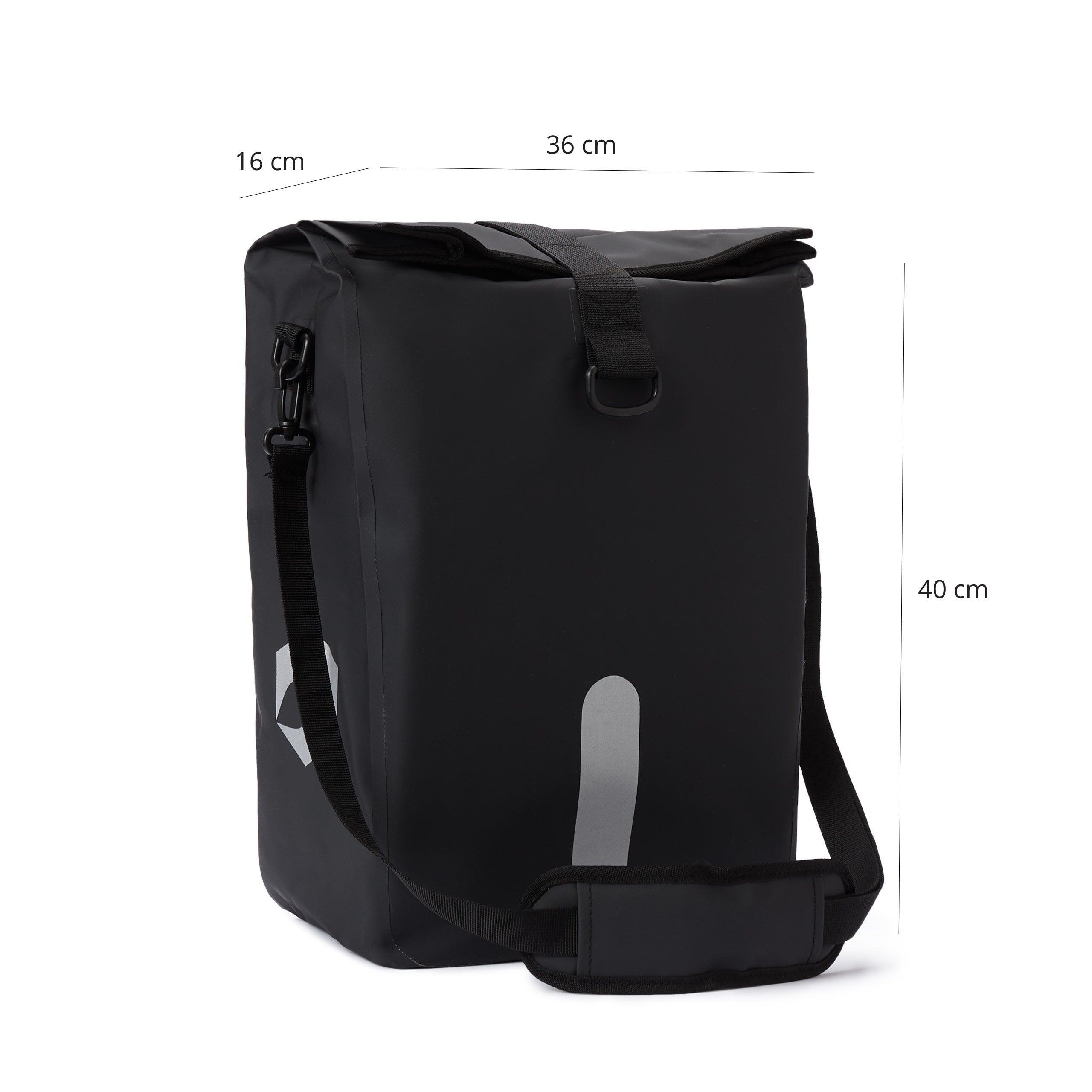 Wasserdichte Fahrradtasche Roll-Top - 21 L - Schwarz mit 3-in-1-Funktion, Reflektor und verstellbarem Schultergurt, 36x40x16 cm.