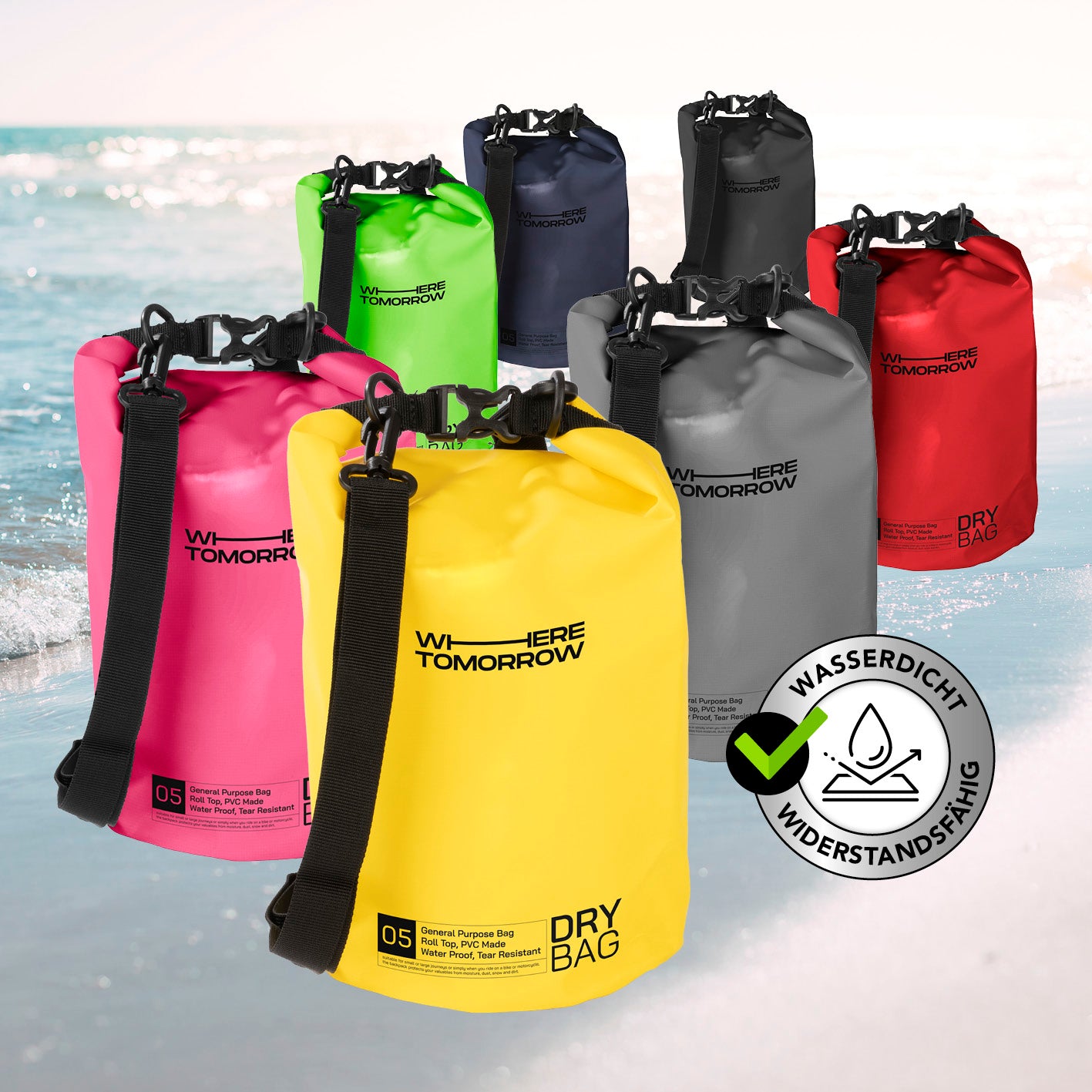 Dry Bag 5L - Style 01 - Gelb, wasserdichter, robuster Outdoor-Rucksack mit verstellbarem Schultergurt und Rolltop-Verschluss.