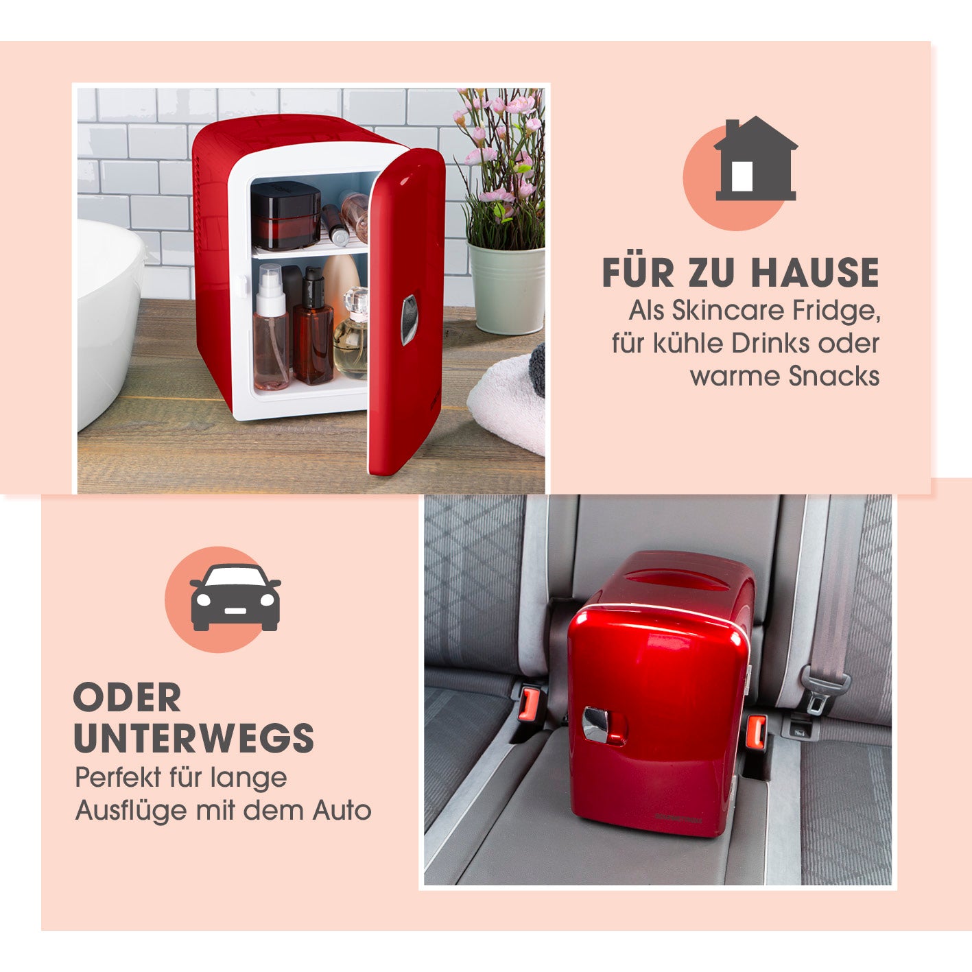 Mini-Kühlschrank Retro 45W Rot, 2 in 1 kühlen und wärmen, 4 Liter, mobil mit Tragegriff und Autoanschluss, ideal für Zuhause und unterwegs.