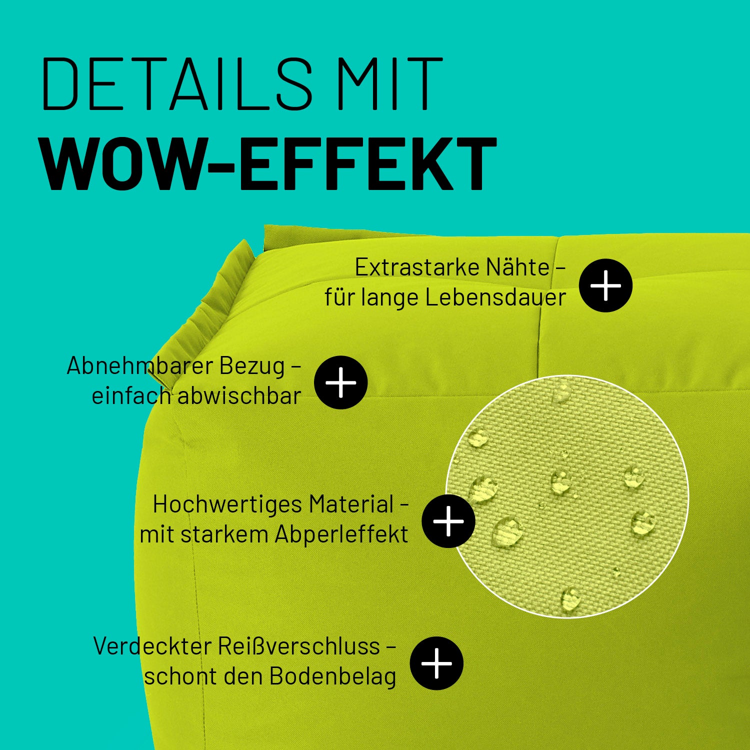 Sitzsack-Hocker (200 L) Apfelgrün mit abwischbarem Bezug, extrastarken Nähten und verdecktem Reißverschluss für indoor & outdoor Nutzung.