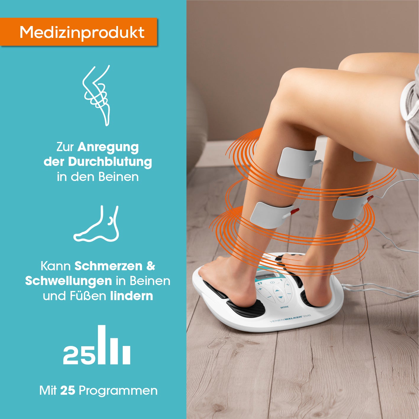 Durchblutungs-Stimulator VenenWalker - 25 Programme mit EMS-Pads zur Muskelstimulation und Förderung der Bein-Durchblutung.