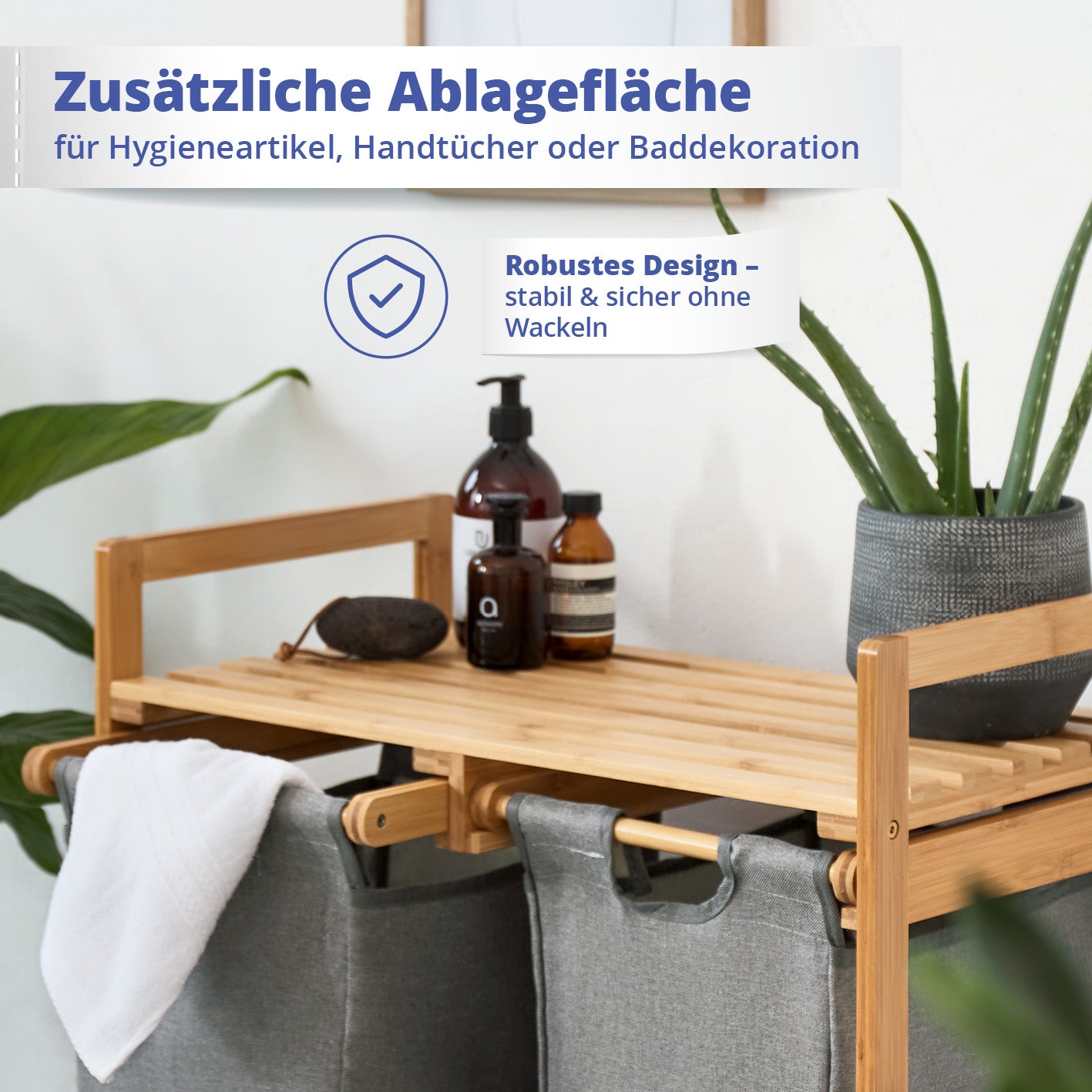 Bambus Wäschekorb mit 2 ausziehbaren Wäschesacken Dunkelgrau, mit zusätzlicher Ablage für Hygieneartikel und Dekoration.