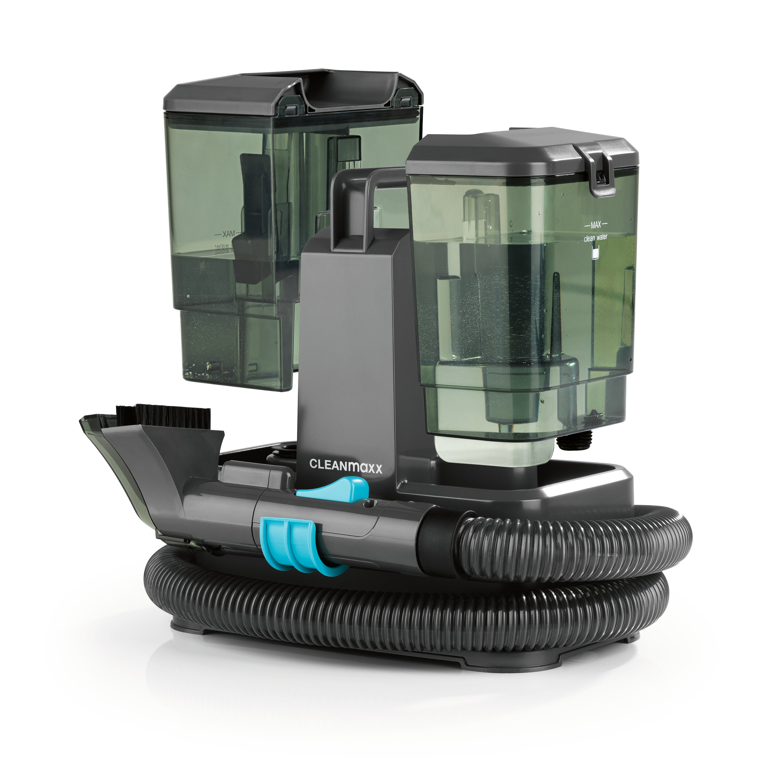 Polster- & Teppichreiniger Kompakt - Grau/Blau mit Doppeltank-System, Bürste, Schlauch und zwei Düsen für effiziente Teppich- und Polsterreinigung.