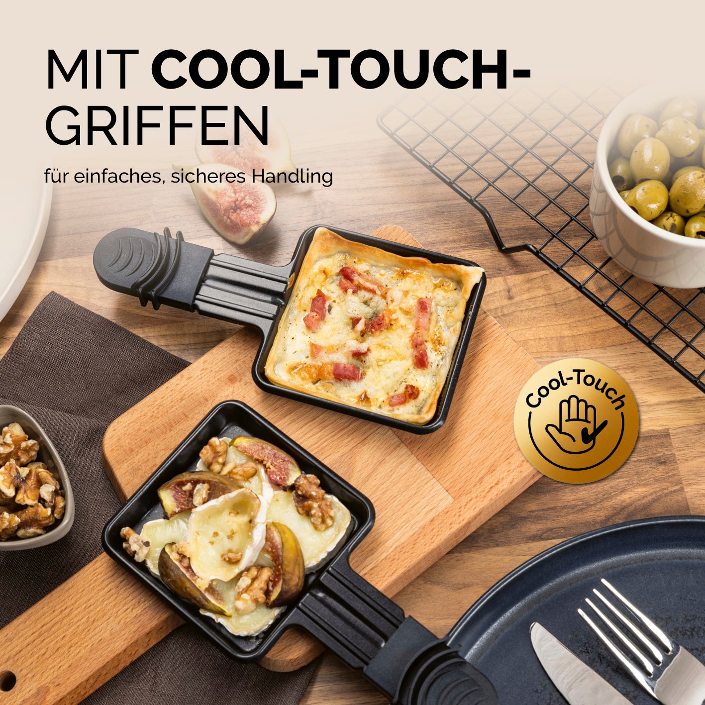 Raclettegrill - 8 Personen mit Cool-Touch-Griffen für sicheres Handling und einfache Bedienung bei Tischgrillgenuss.
