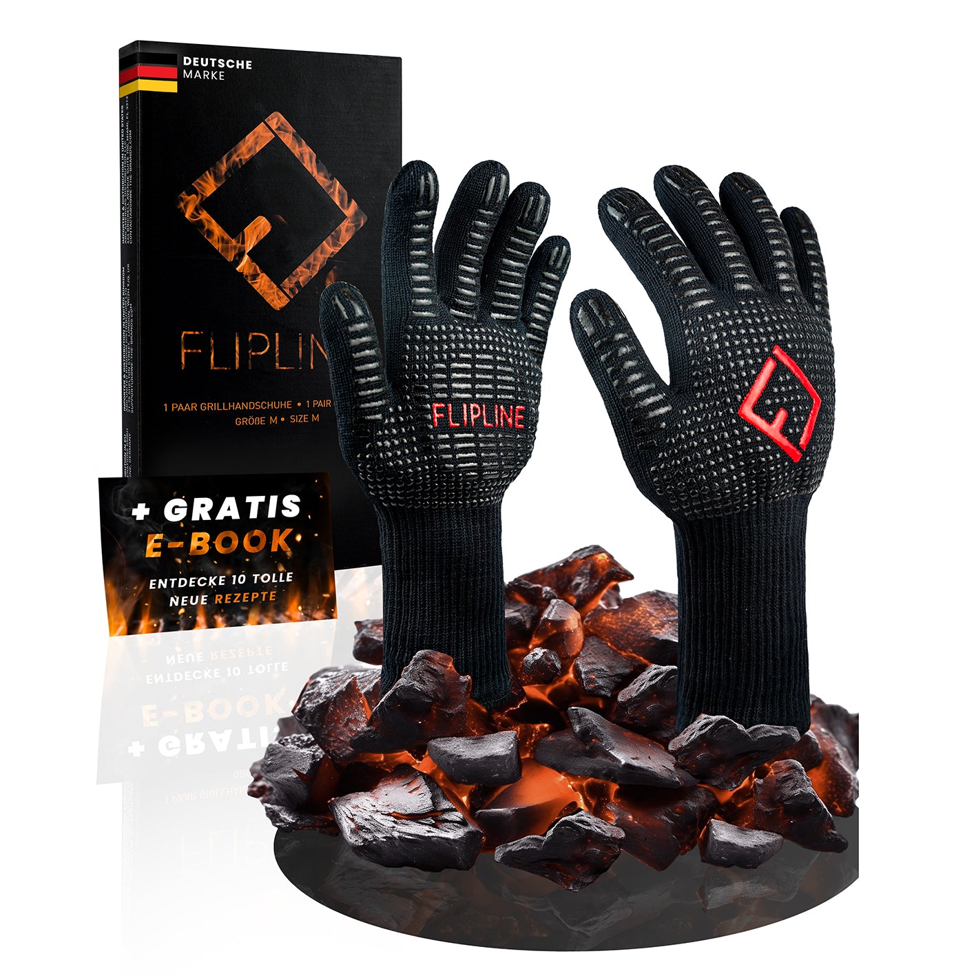 Grillhandschuhe - Größe M aus hitzebeständigen Aramidfasern mit Silikonbeschichtung und Baumwoll-Innenschicht für optimalen Schutz und Grip.