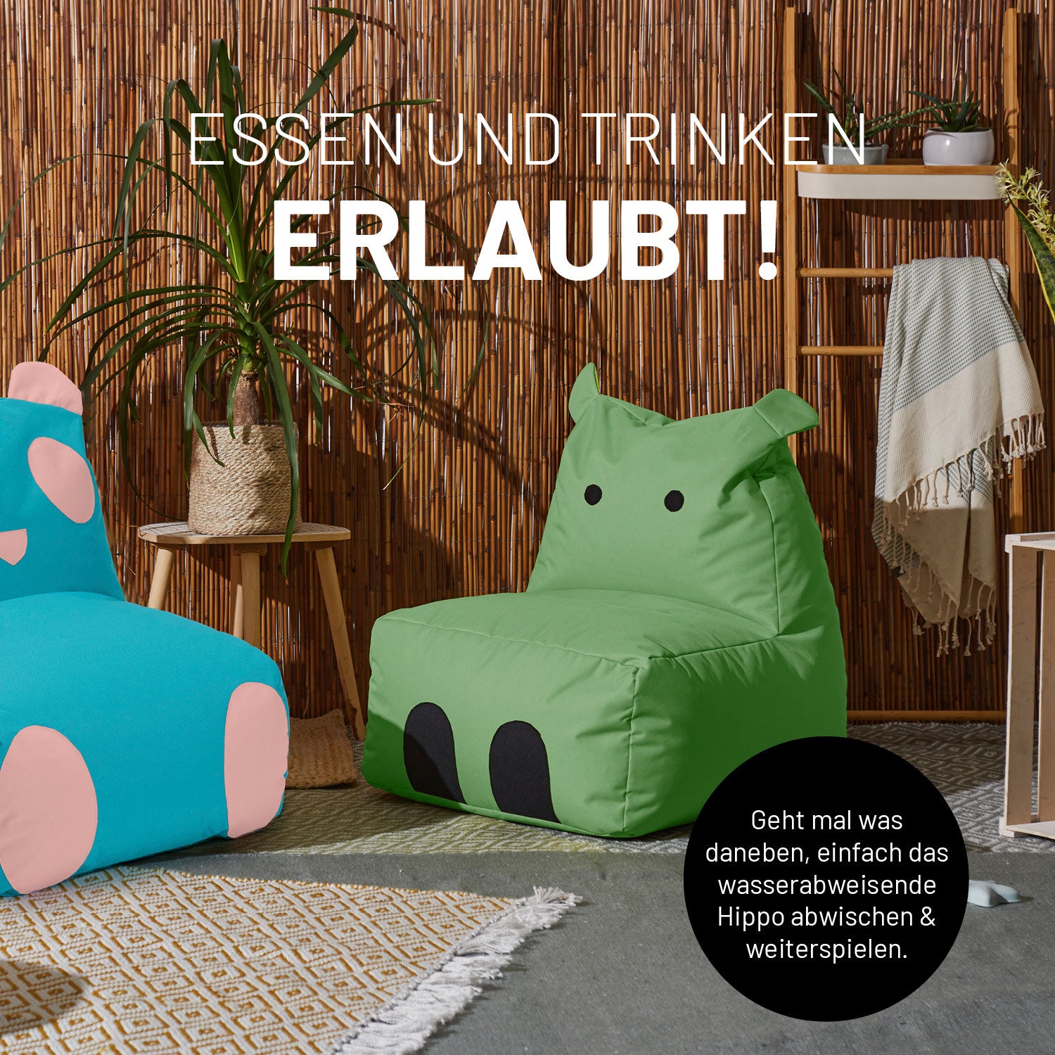 Kindersitzsack Animal Line Hippo (200 L) Pastell Grün, wasserabweisend, weich, indoor & outdoor, robust, abwischbar, mit verdecktem Reißverschluss.