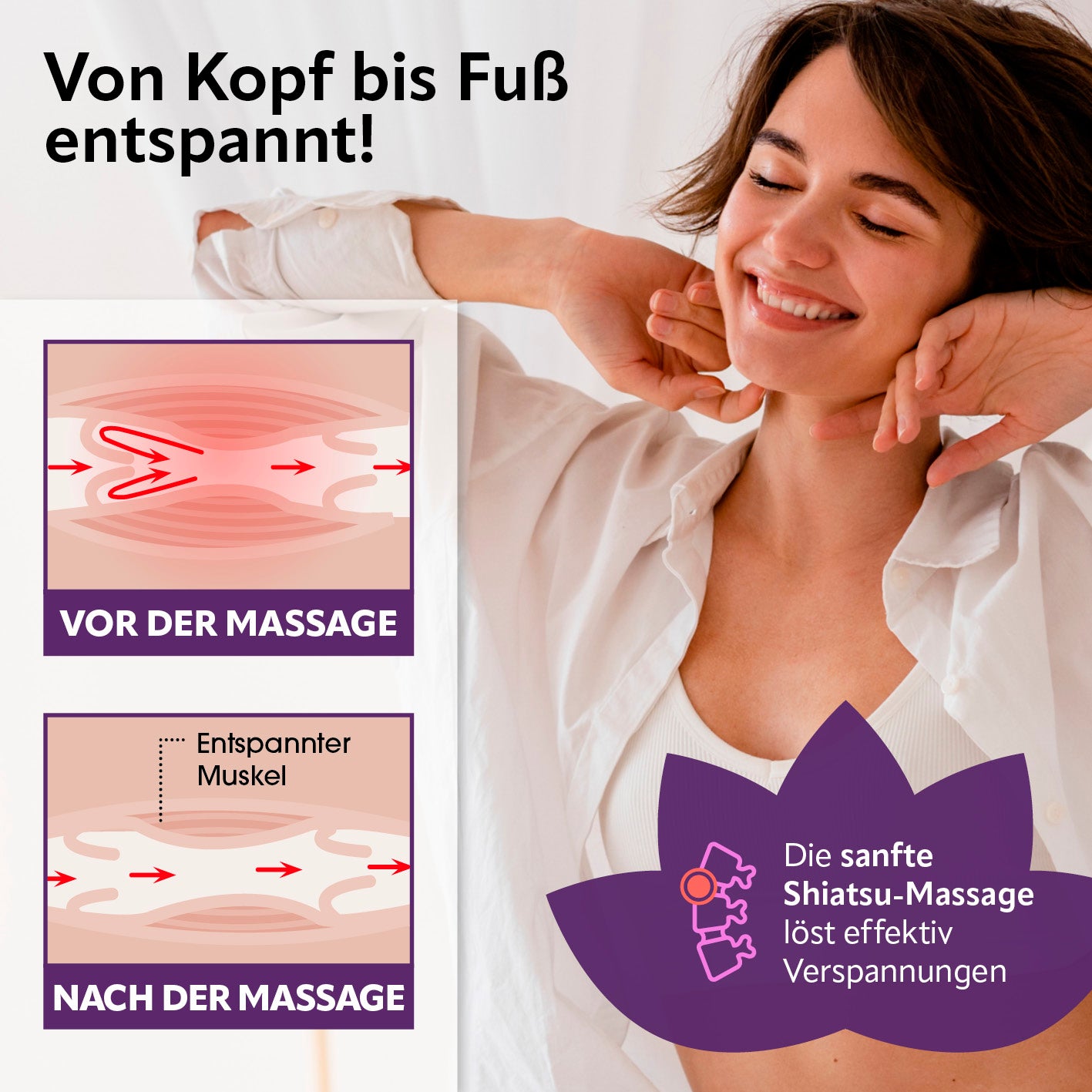 Frau entspannt mit Shiatsu-Massagegerät, Darstellung Muskelentspannung vor und nach der Massage mit sanfter Wärmefunktion