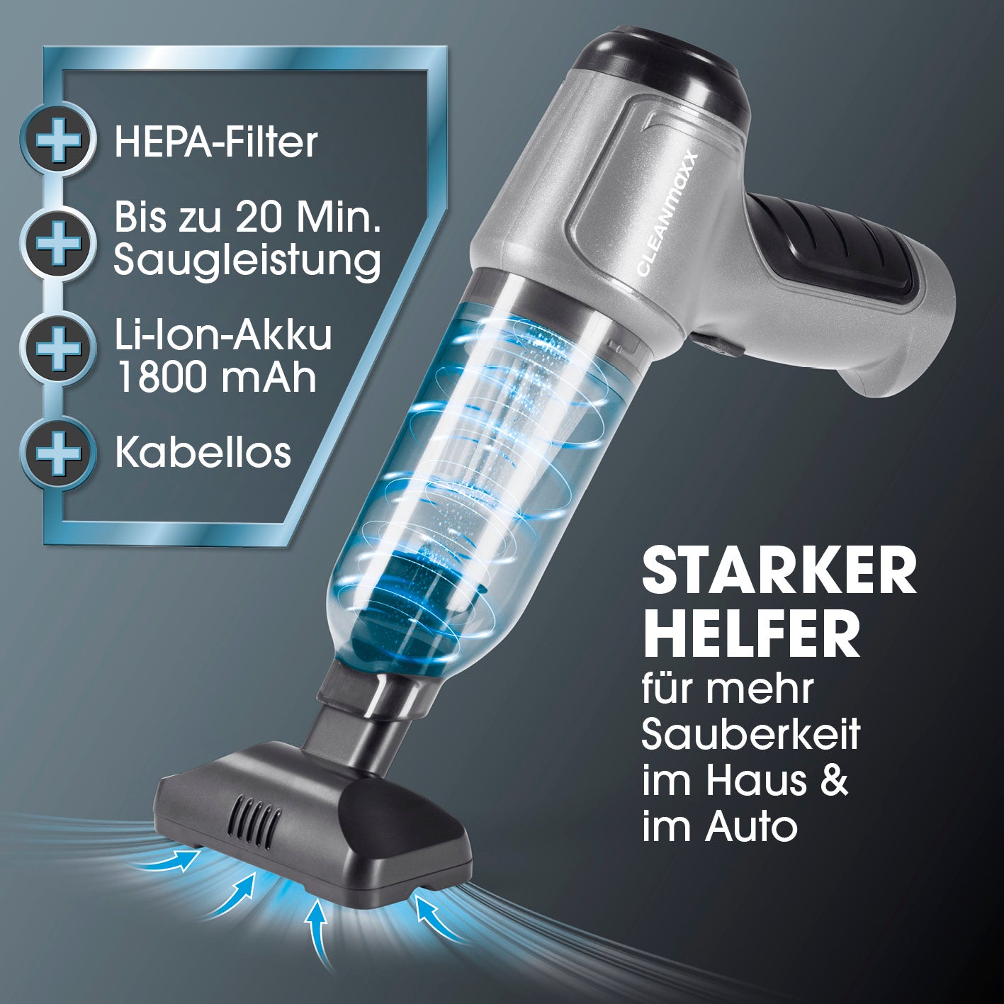 3-in-1-Akkusauger kabellos mit HEPA-Filter, 20 Min. Saugleistung, Li-Ion Akku 1800 mAh – ideal für Haus und Auto.