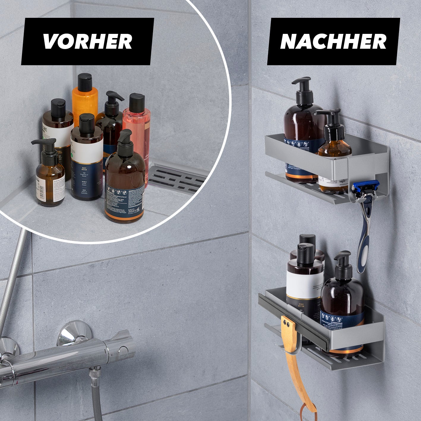 Dusch-Organizer zum Kleben oder Bohren - 2er-Set - Silber, platzsparend mit Hakenleiste und optimalem Wasserablauf für Shampoo und Duschgel.