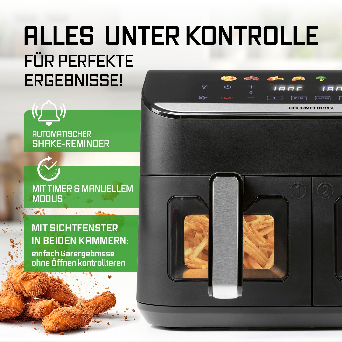 Doppelkammer-Heißluftfritteuse - 9 Liter mit Shake-Reminder, Timer, Sichtfenster und zwei Kammern für perfekte Ergebnisse.